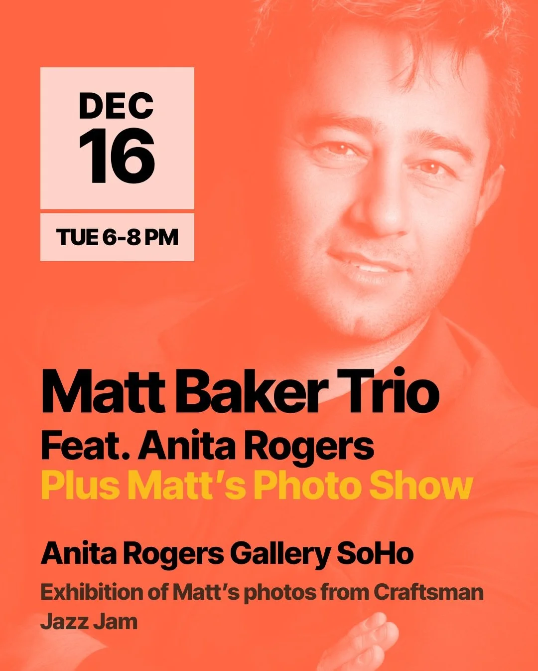 🎶📸 LIVE JAZZ + PHOTO EXHIBITION 📸🎶
 Join us Tuesday, December 16 at the Anita Rogers Gallery for an evening that blends sound, story, and stunning visual art.

✨ 6&ndash;7pm &mdash; Exhibition Viewing &amp; Refreshments
 ✨ 7&ndash;8pm &mdash; Liv