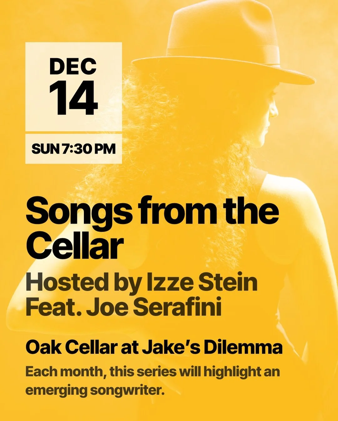 🎉🔔 FREE HOLIDAY SHOW ALERT! 🔔🎉
 Songs from the Cellar returns for a festive night of music, merriment, and pure holiday joy &mdash; hosted by the radiant Izze Stein and featuring the incredible @joe_serafini_ 

Sunday, December 14th
 7:30 PM
 📍 