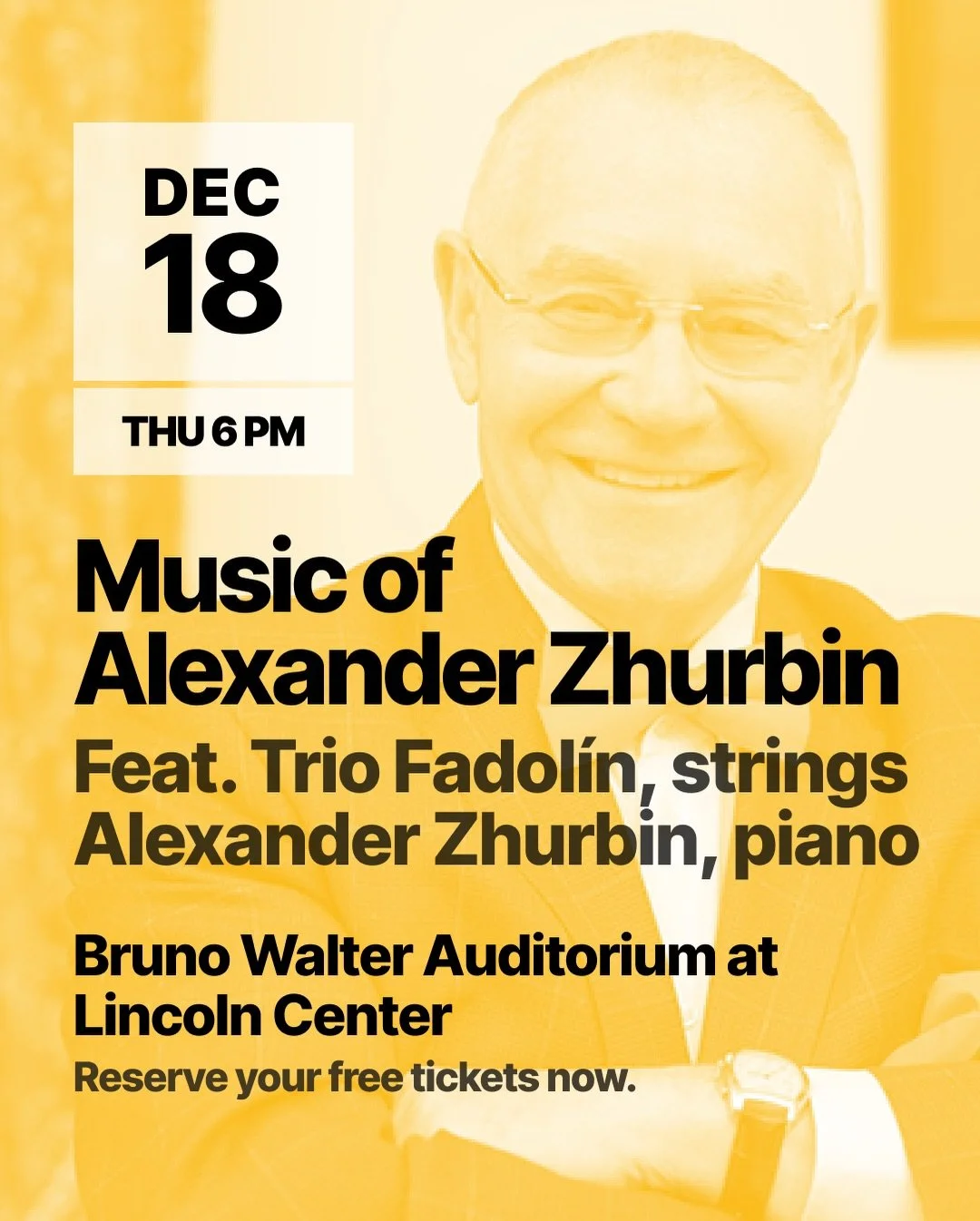 🎼 LIVE at the NYPL for the Performing Arts 🎶

 Join us for an extraordinary evening celebrating the music of acclaimed New York&ndash;based composer Alexander Zhurbin in honor of his 80th birthday!

📍 Bruno Walter Auditorium
 📅 December 18 at 6pm