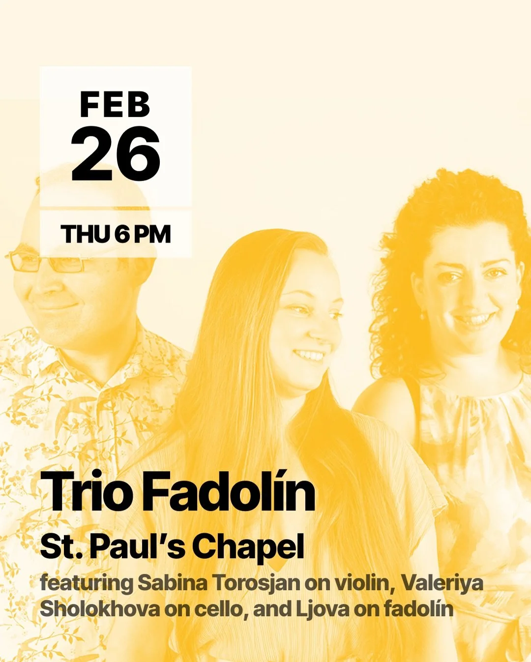 A new sound in chamber music arrives at St. Paul&rsquo;s 🎻

Trio Fadol&iacute;n brings its singular blend of violin, cello, and the rare fadol&iacute;n &mdash; an instrument spanning the range of the string family &mdash; to an evening of adventurou