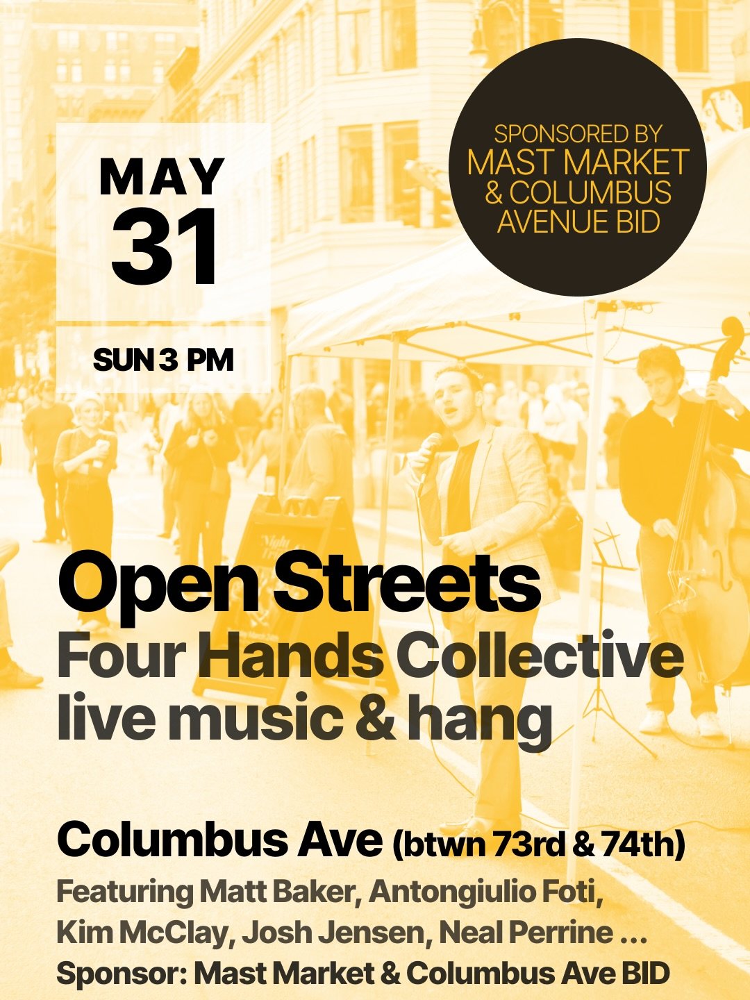 This Sunday we&rsquo;re bringing the music outside.

Join us on Columbus Avenue for a free afternoon concert and community hang &mdash; Antongiulio Foti, Matt Baker, and a few surprise guests performing right here in the neighborhood that built this 