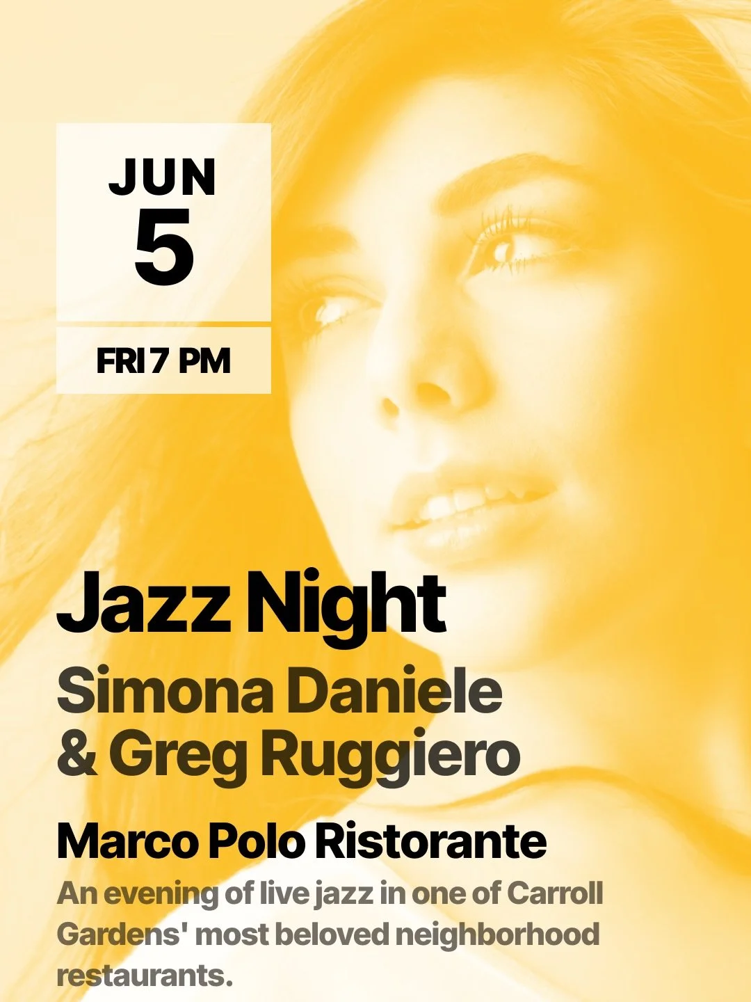 Simona Daniele brings live jazz to Marco Polo Ristorante in Brooklyn this Friday &mdash; alongside guitarist Greg Ruggiero, in a room built for exactly this kind of evening.

Great food. Great company. The music doing what it was always meant to do.

