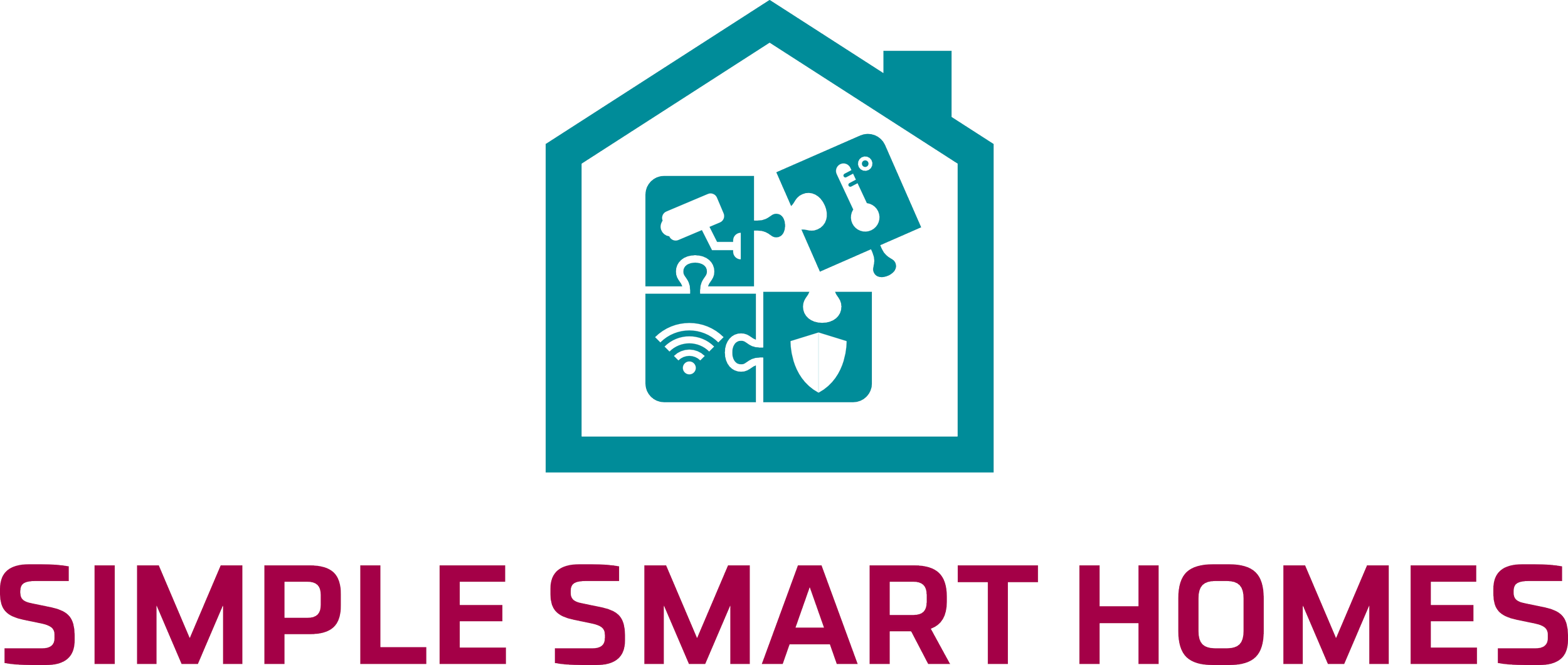 Logo of "Simple Smart Homes" featuring a house outline with puzzle pieces inside, including icons of a camera, key, Wi-Fi, and shield for smart home technologies.