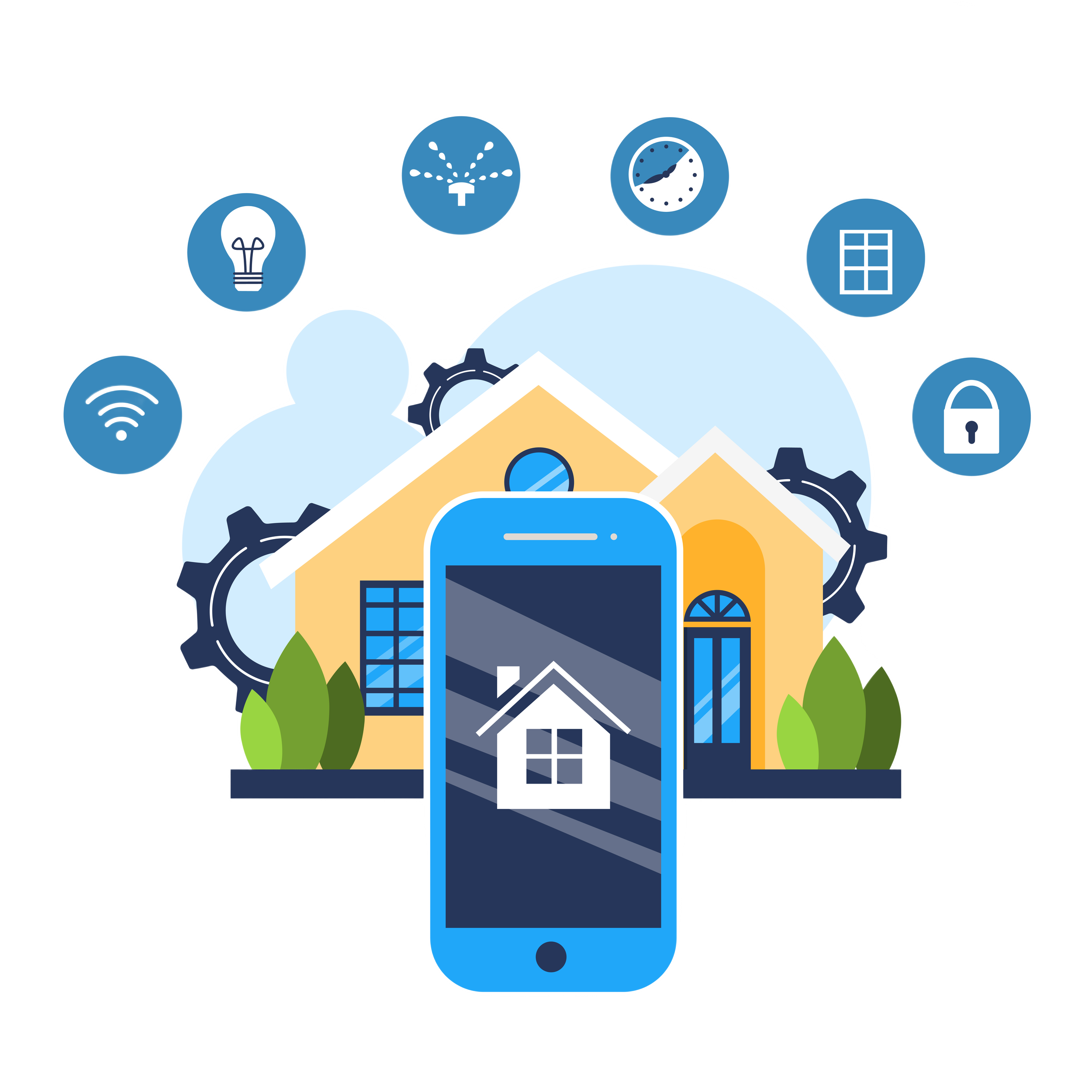 Illustration of a smart home concept, featuring a house with a smartphone in the foreground displaying a home symbol. Surrounding icons represent home automation features like lighting, security, and connectivity.