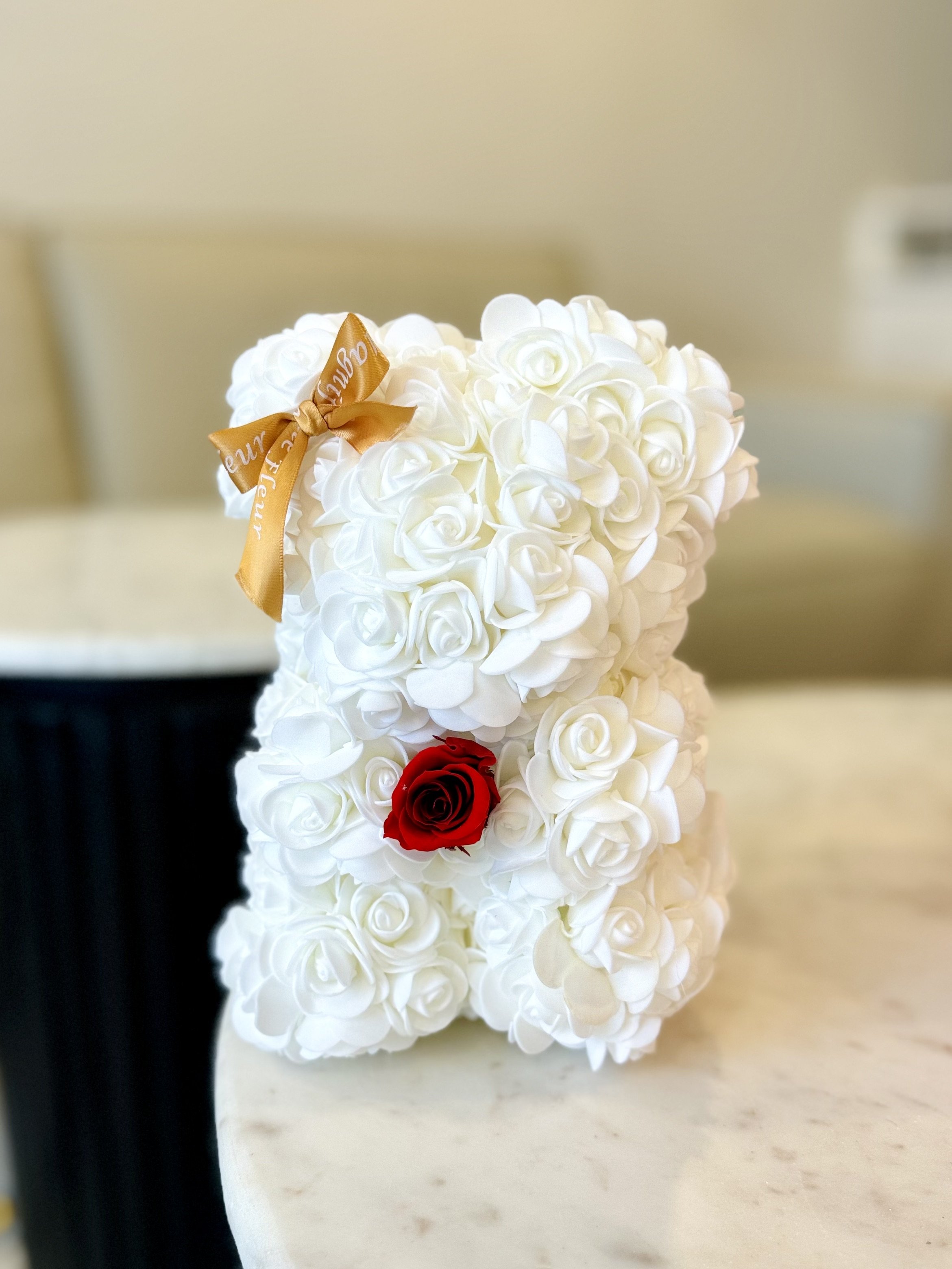 White Rose Bear with Mini Preserved rose