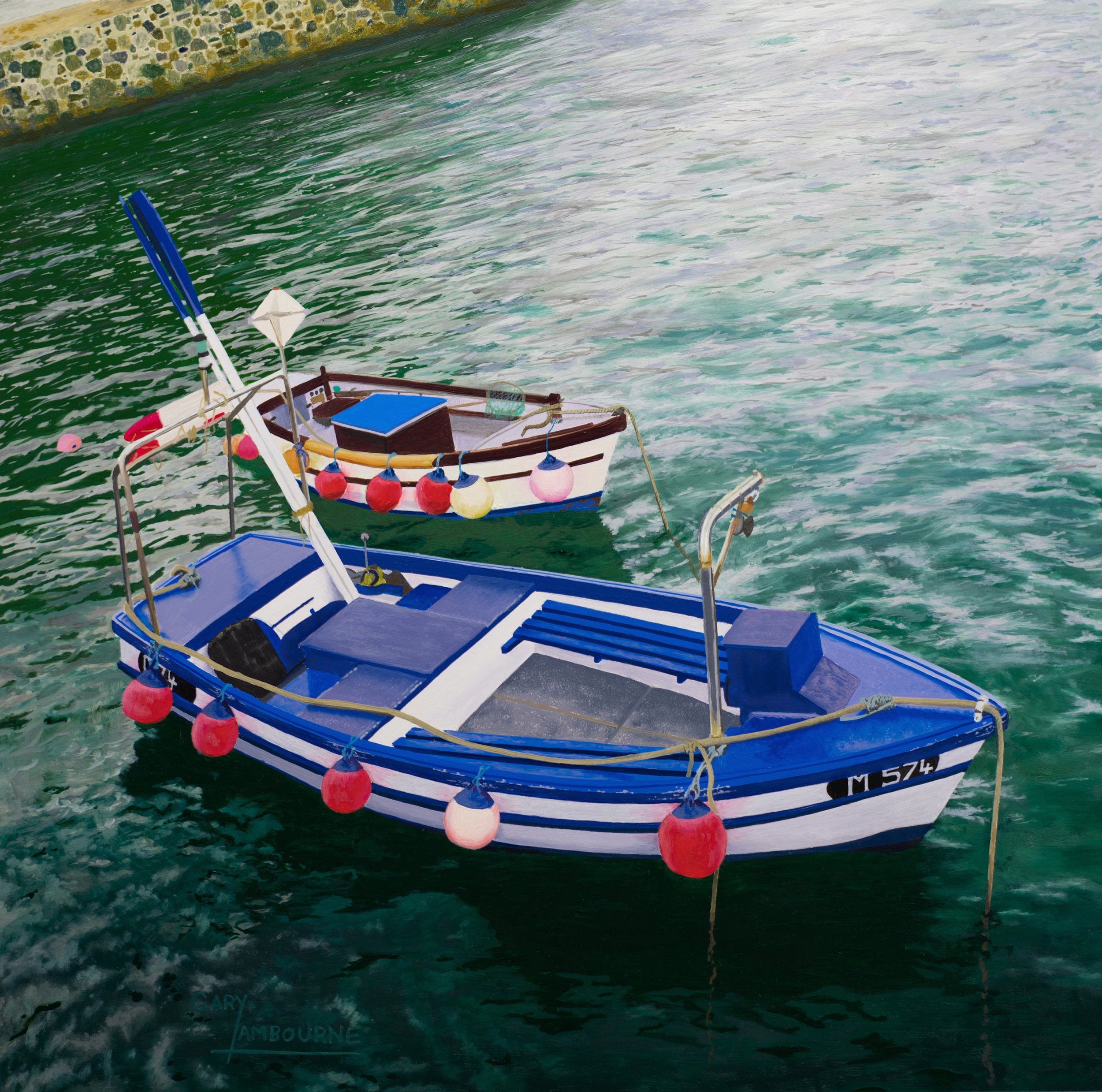 Fishing Boats at Mullion Cove, Greeting Card, fine art image, 300GSM glossy finish, blank inside