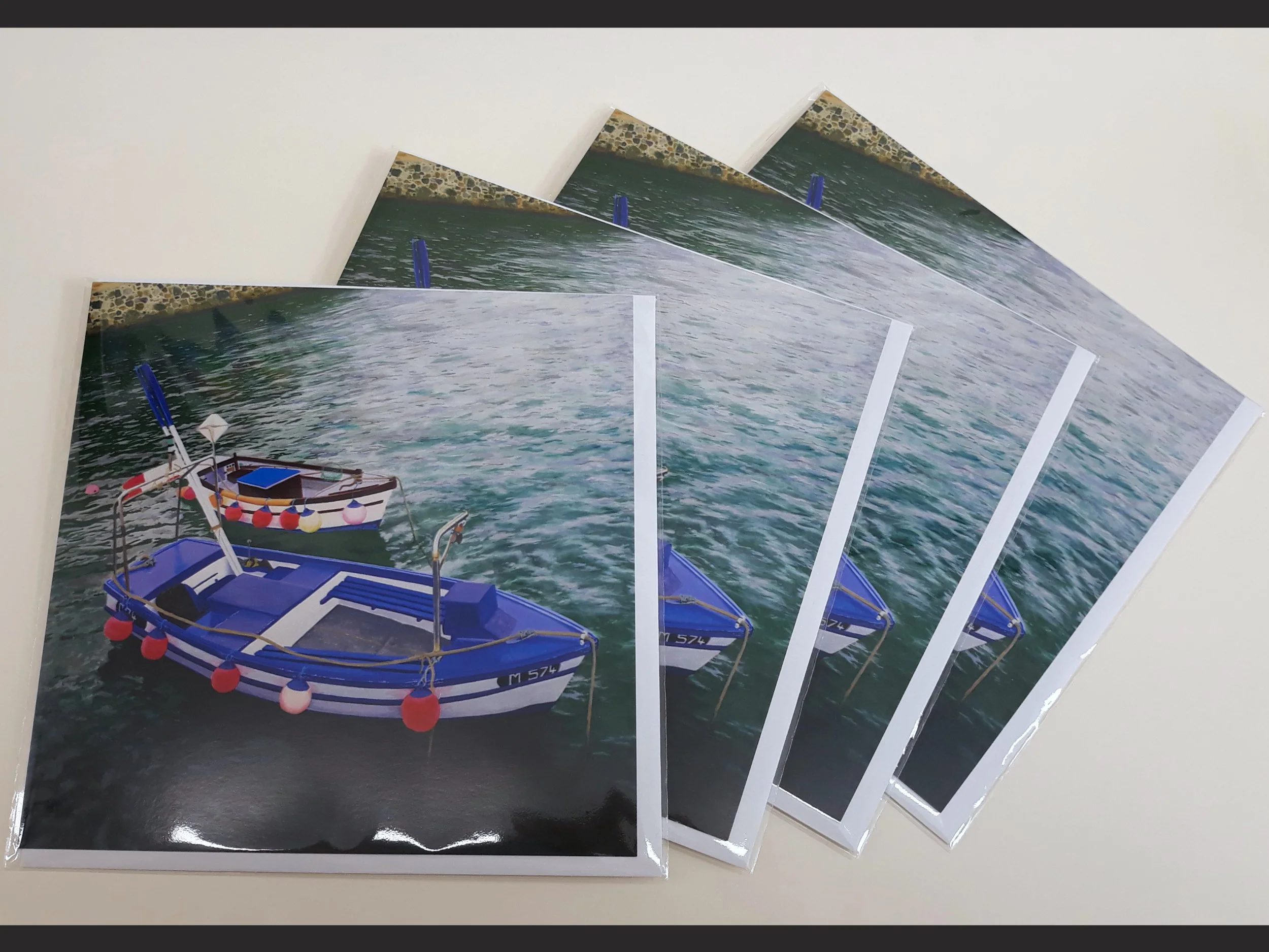 Fishing Boats at Mullion Cove, Greeting Card, fine art image, 300GSM glossy finish, blank inside, pack of 4