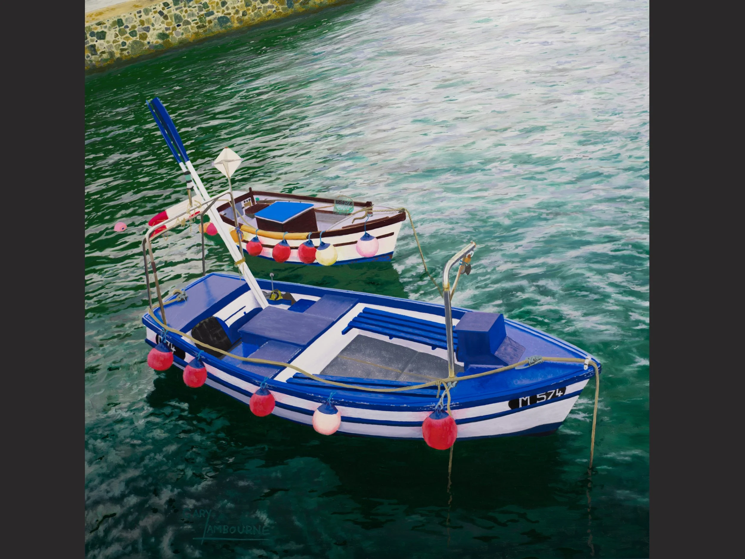 Fishing Boats at Mullion Cove, Greeting Card, fine art image, 300GSM glossy finish, blank inside