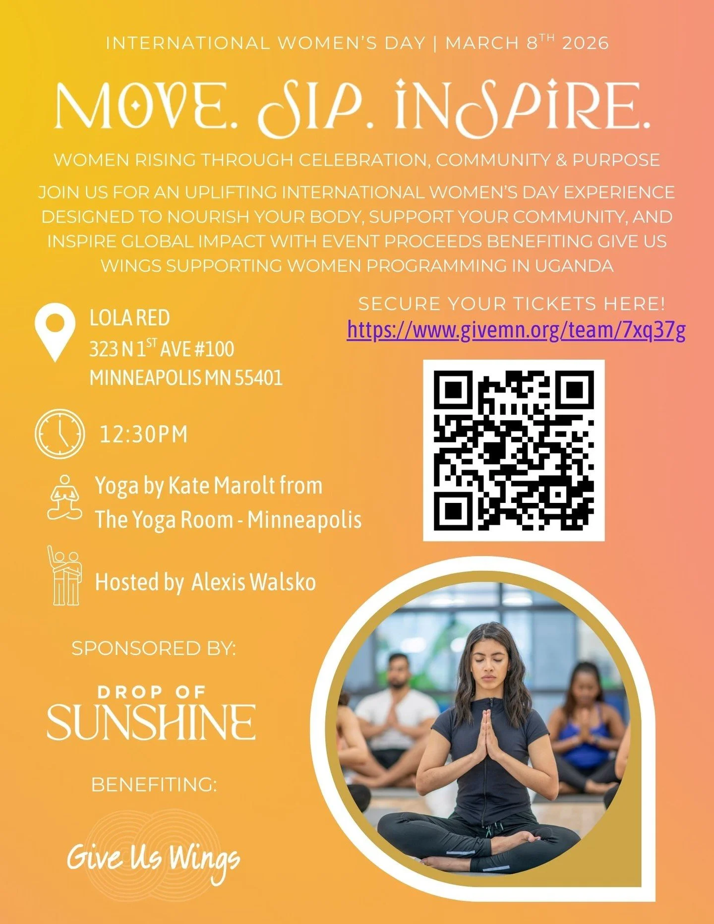 Move. Sip. Inspire. ✨

Celebrate International Women&rsquo;s Day with us on Sunday, March 8th at Lola Red! 

Proceeds benefit Give Us Wings 💛

To get your tickets, visit https://www.givemn.org/team/7xq37g

#InternationalWomensDay #LolaRed #MoveSipIn