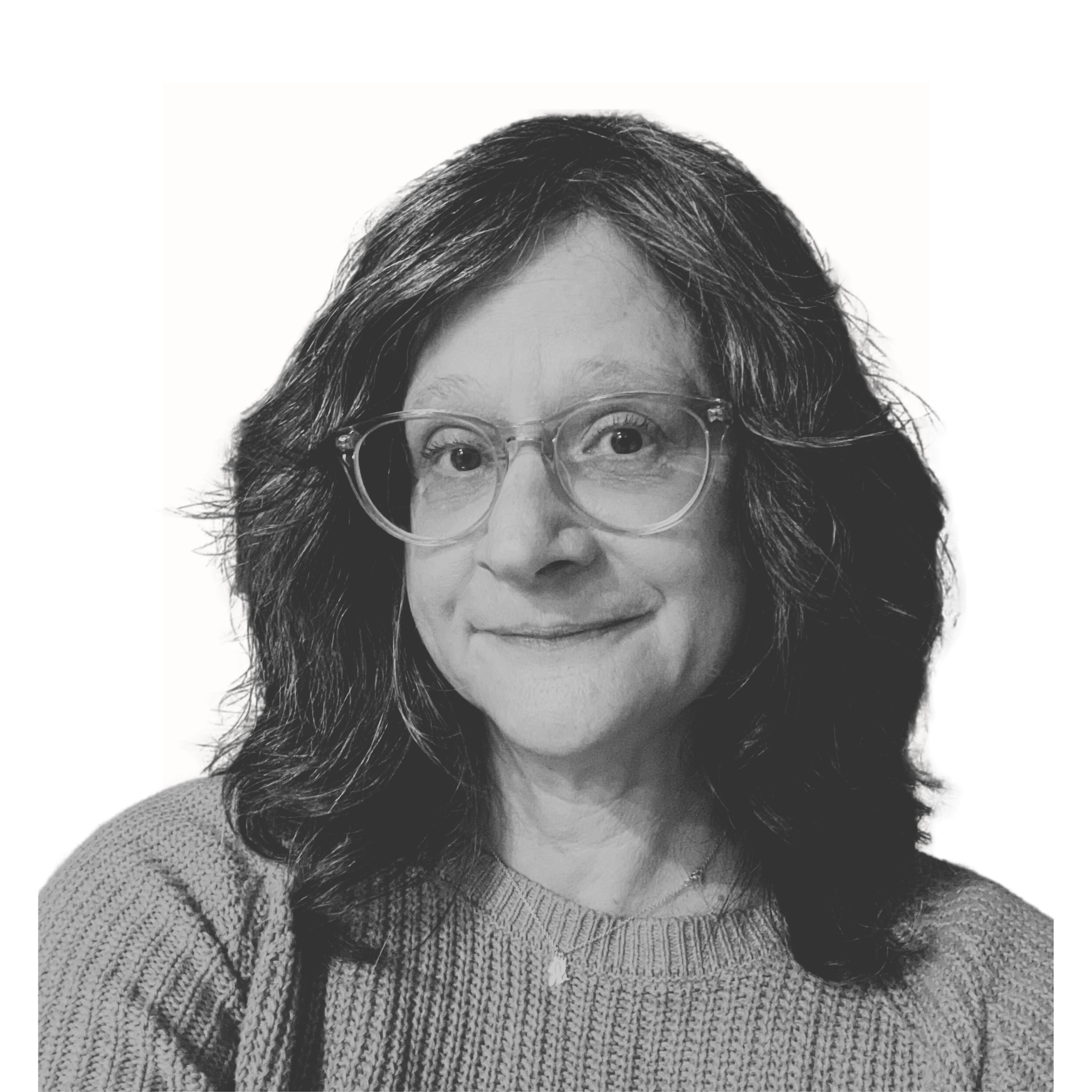 Black and white photo of Cori Pleune, CBC smiling on white background.