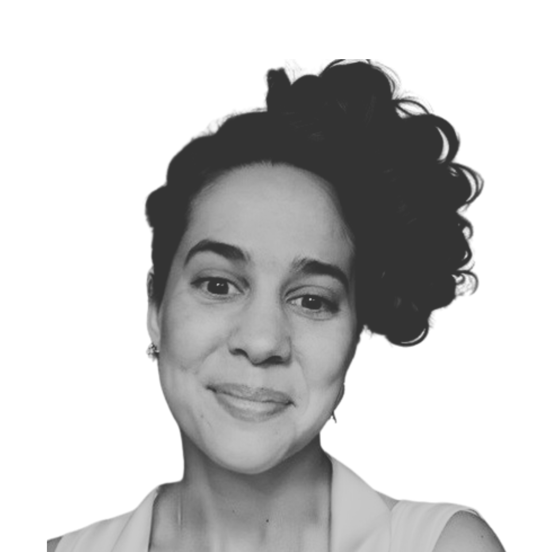 Black and white photo of Grace MacNair, IBCLC smiling on white background.