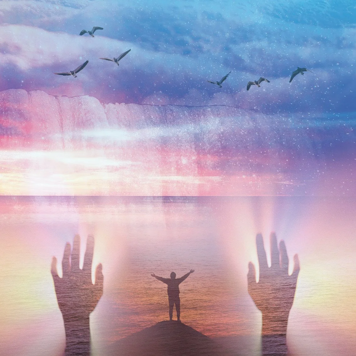 Silhouette of a person standing between two large glowing hands against a purple and pink sunset sky