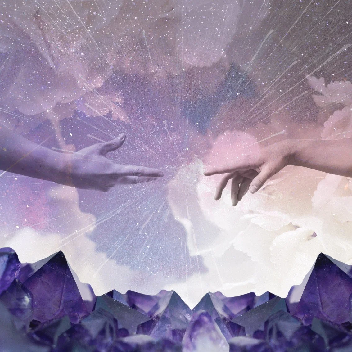 A divine hand reaching down through purple crystal mountains toward another hand, bathed in celestial light