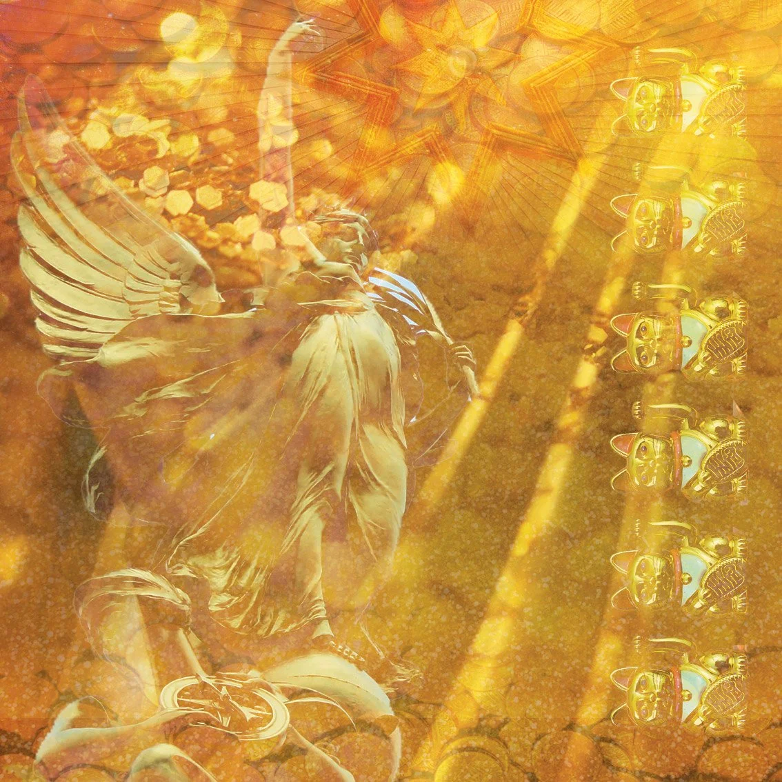 A golden angel with large wings surrounded by warm light and butterflies, radiating abundance and divine energy
