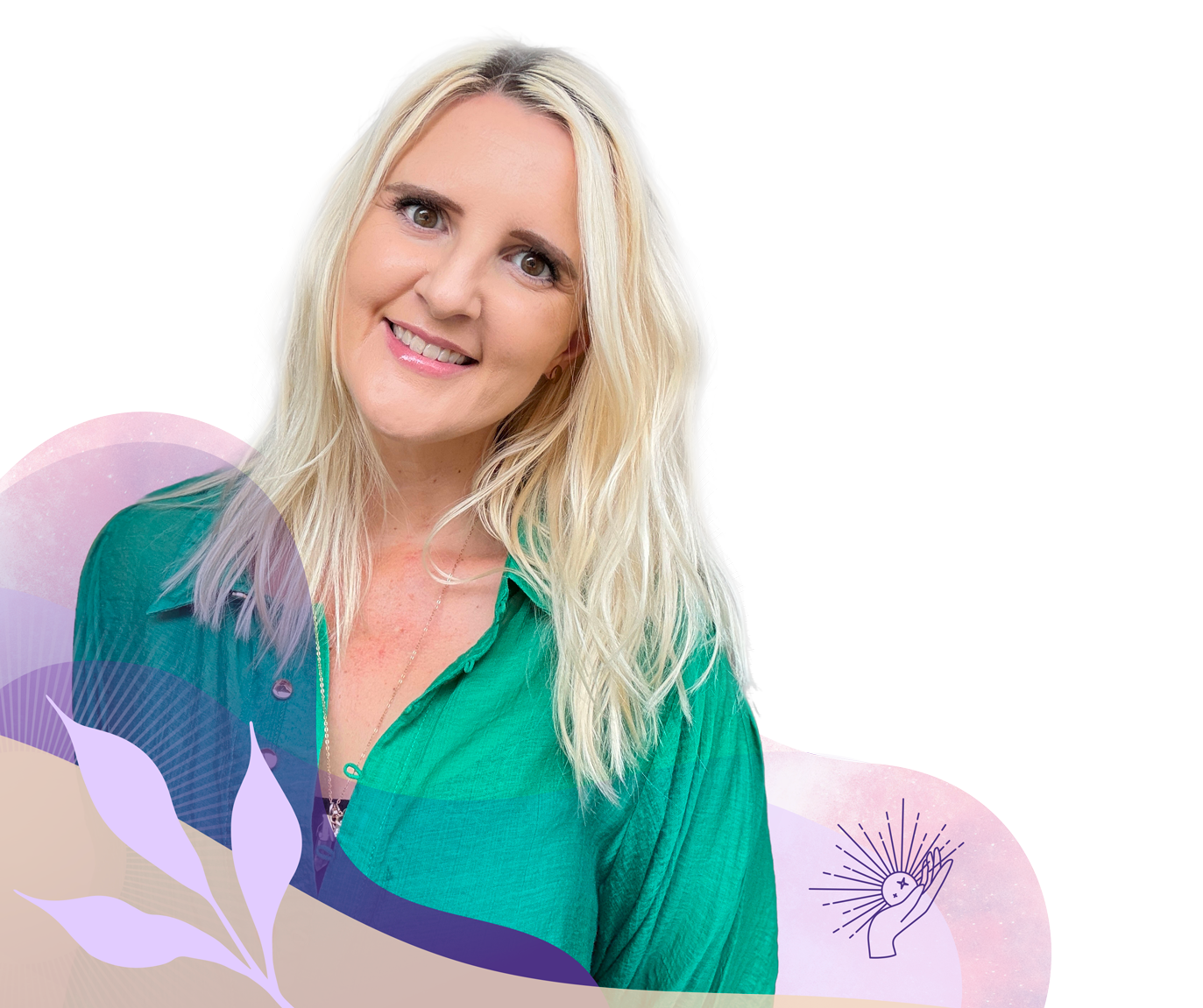 Blonde, smiling lady wearing a green shirt with sparkles and light glow around her