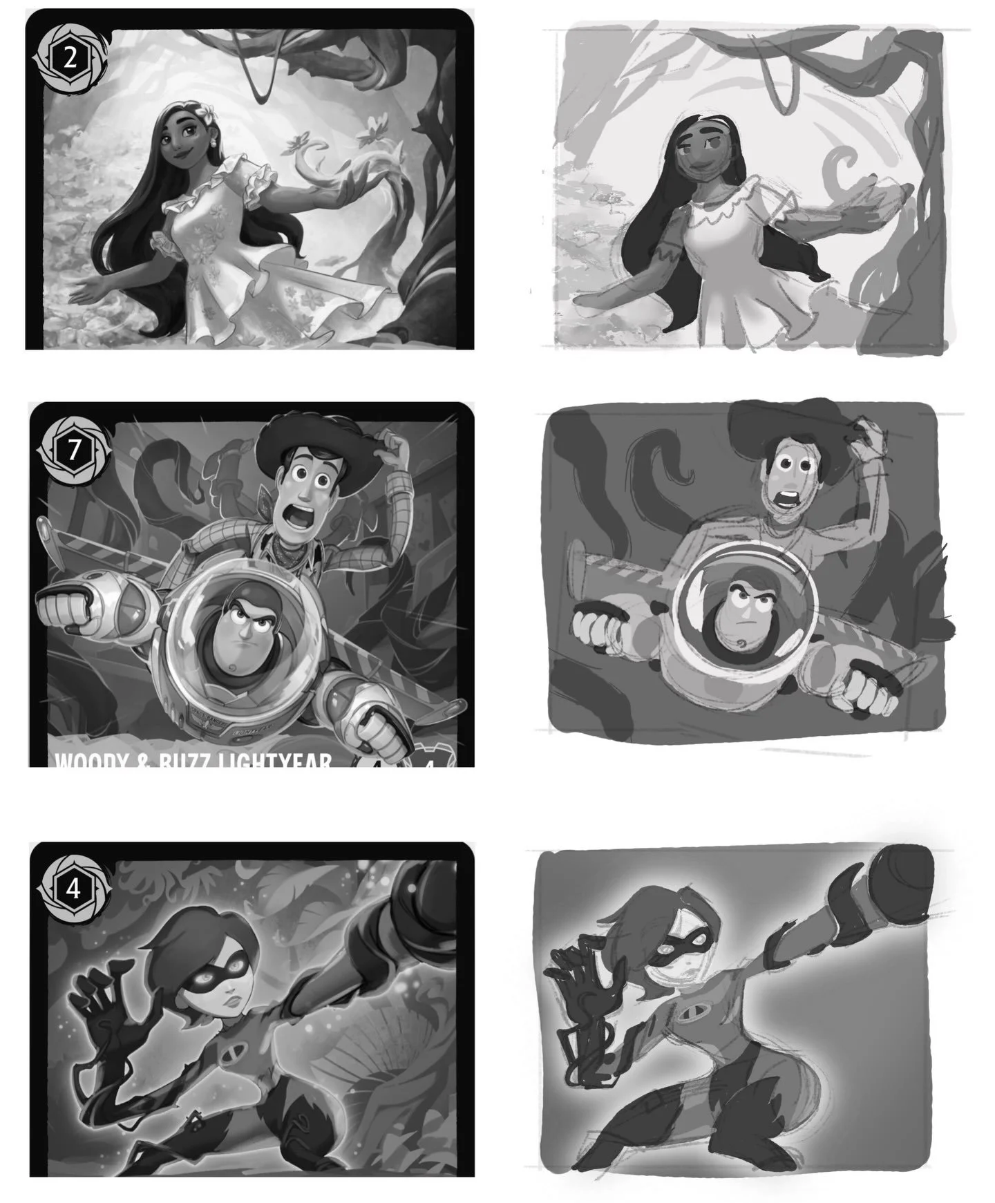 Some quick grayscale mapping of @disneylorcana cards. It's been a minute since I've posted and even drawn anything. Travels, illness and catching up at home has got me down. But I'm slowing coming around. ☺️ #colormapping #grayscale #disneylorcana #i