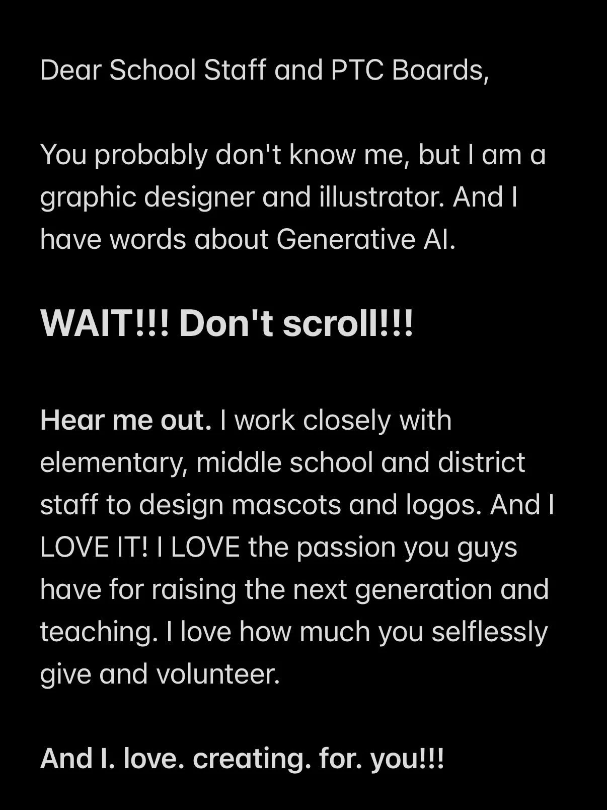 A friend once told me that she would rather see a crappy flyer for a school that was clearly created by a human volunteer than a perfect one created by AI. She would go to that event with the flyer that was poorly designed and hand-made with full sup