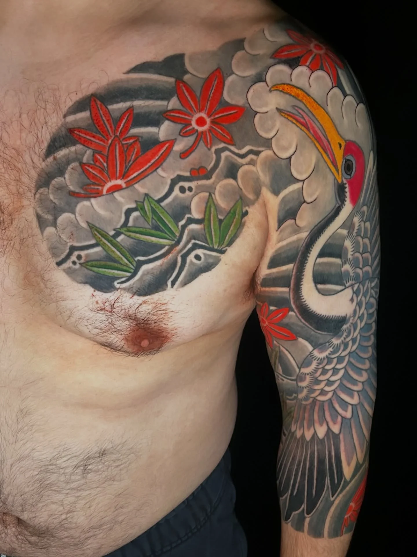 By @joshwrighttattoo 
To book with Josh, message him or call/text the shop.
#japanesetattoo #irezumi #crane #halfsleeve #seattletattooartist