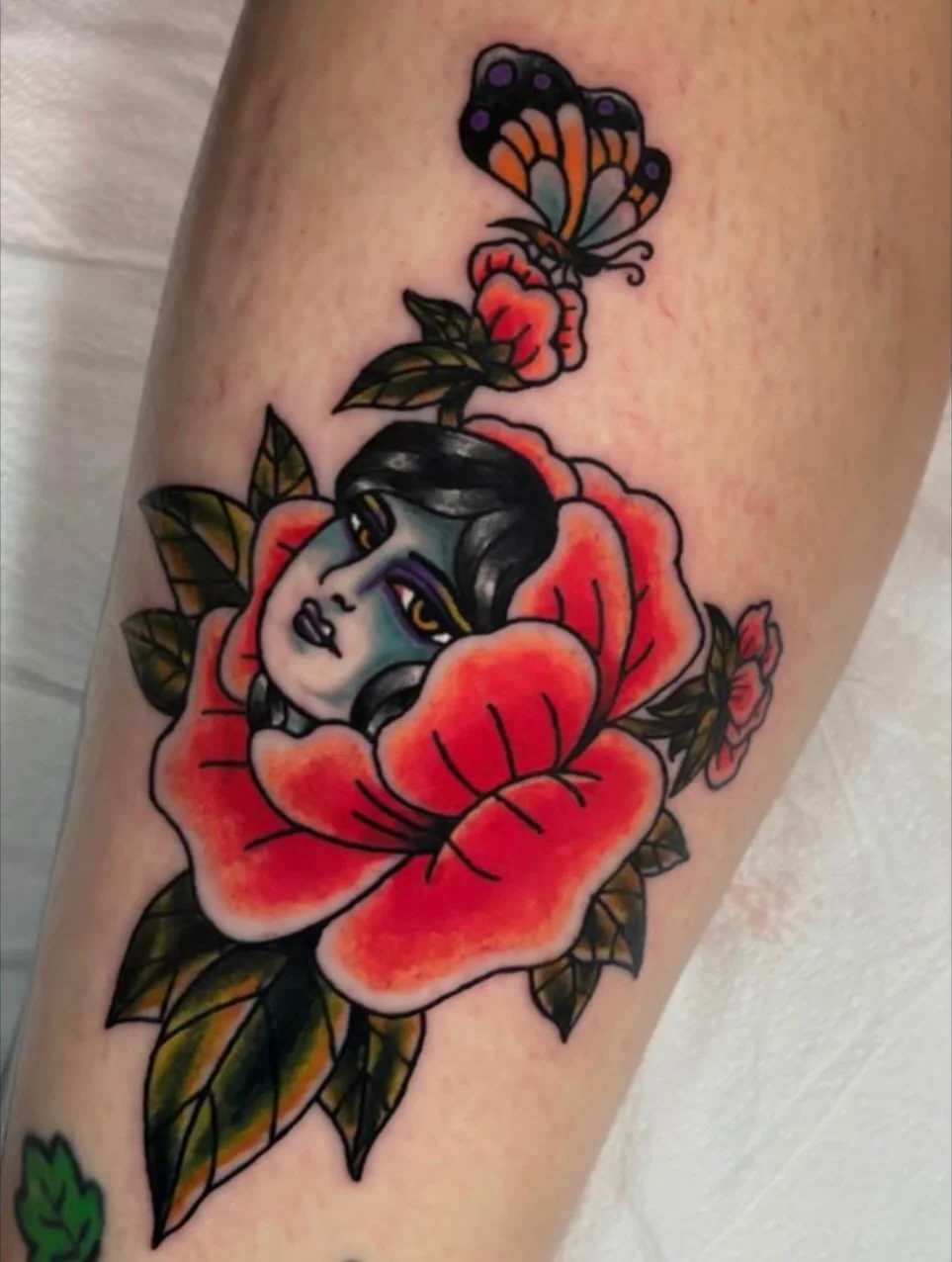 Floral lady and butterfly tattoo By @misaortego 
Text 360-504-6873 to book directly 🦋