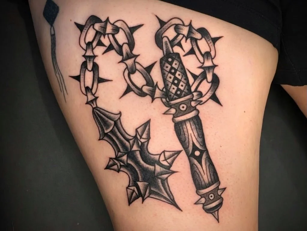This black&amp;grey mace, done by @jessicanoeltattoo 
Contact Jess directly for appointments 
.
.
.
#seattletattoo #traditionaltattoo