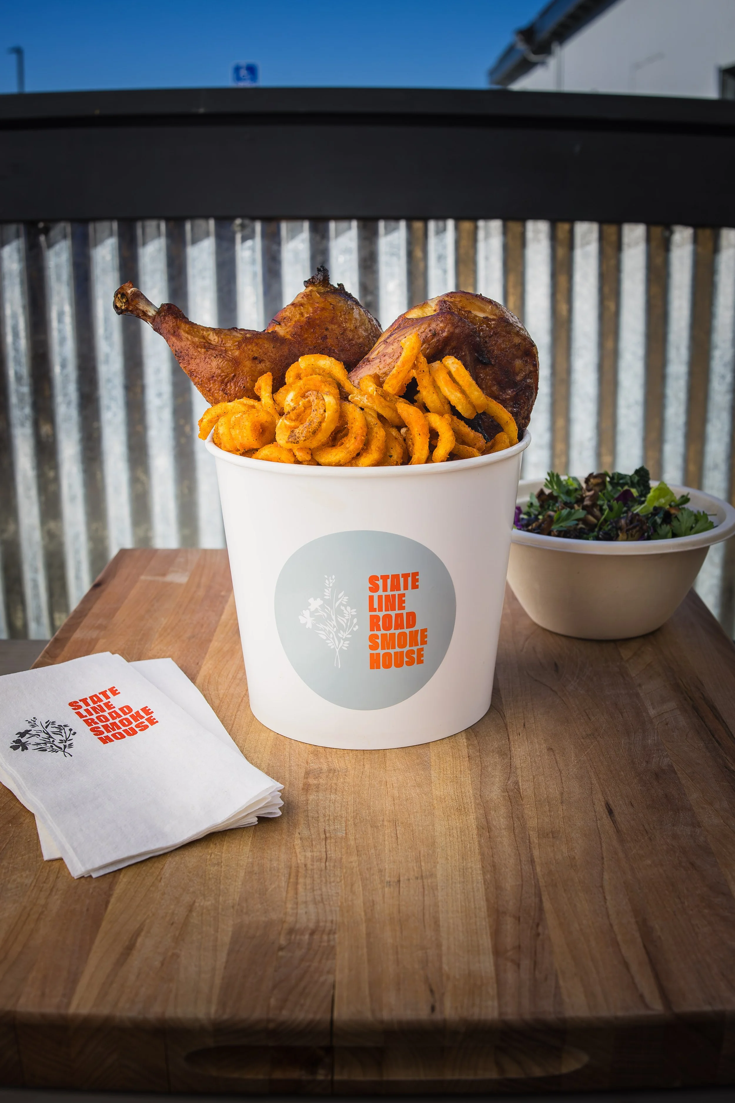 Smoked Chicken, Curly Fries, and Green Salad