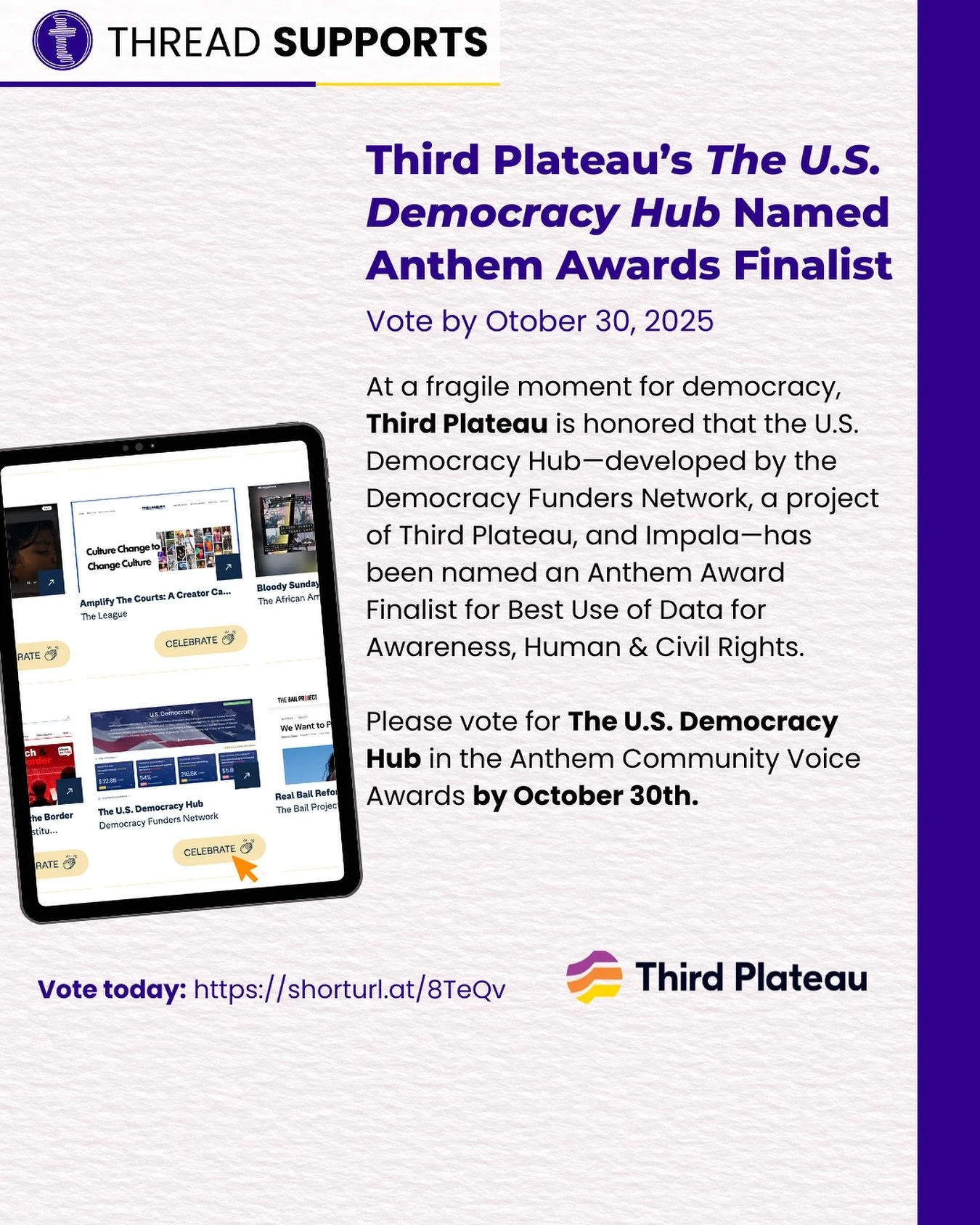 We&rsquo;re thrilled to celebrate our partners at @third_plateau for being named an Anthem Award Finalist for Best Use of Data for Awareness, Human &amp; Civil Rights! 🎉
At a pivotal moment for democracy, their work with the Democracy Funders Networ