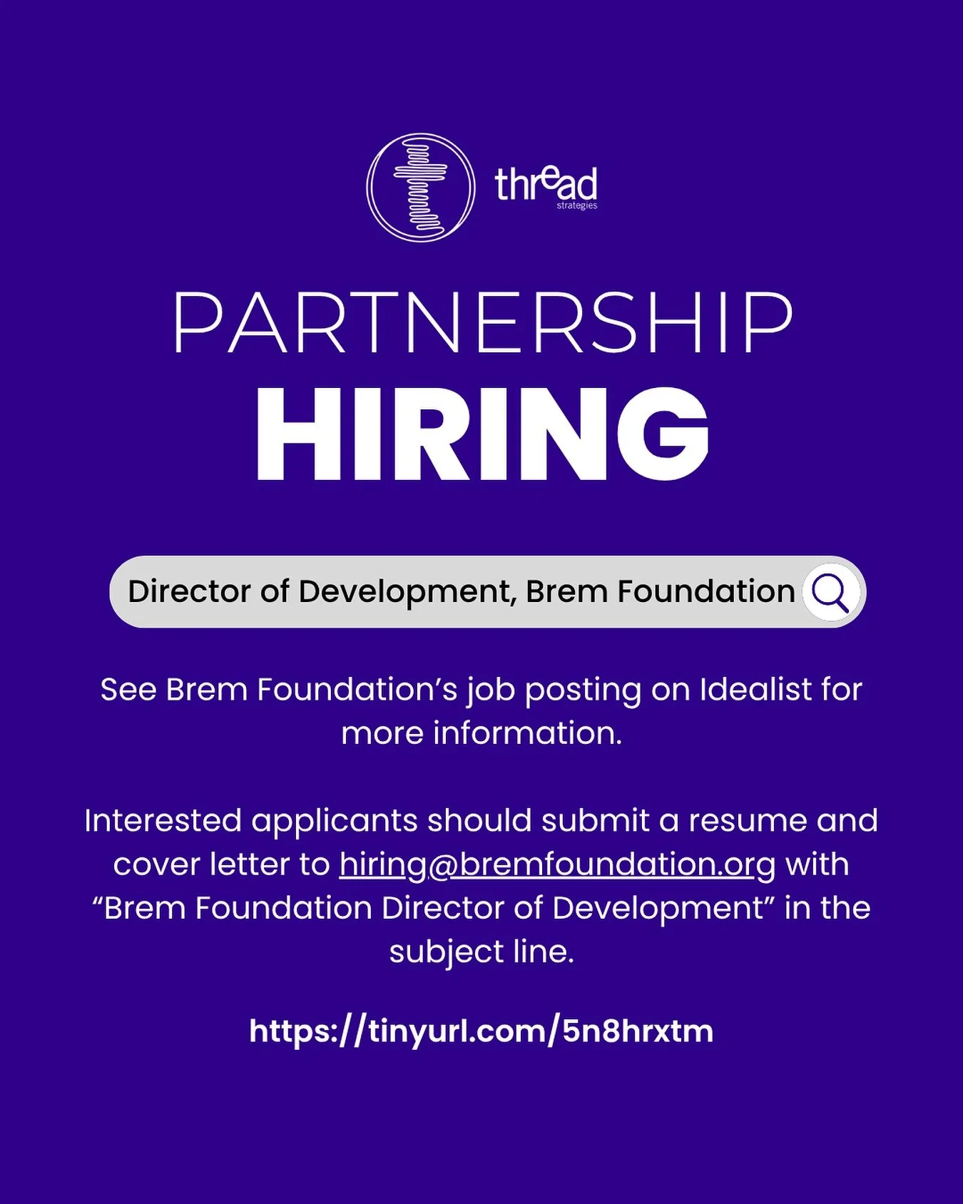 🚨 DMV Development Professionals: Brem Foundation to Defeat Breast Cancer is hiring! Thread Strategies is proud to partner once again with the Brem Foundation (@thebremfoundation ) in the search for their next Director of Development.

For nearly 20 