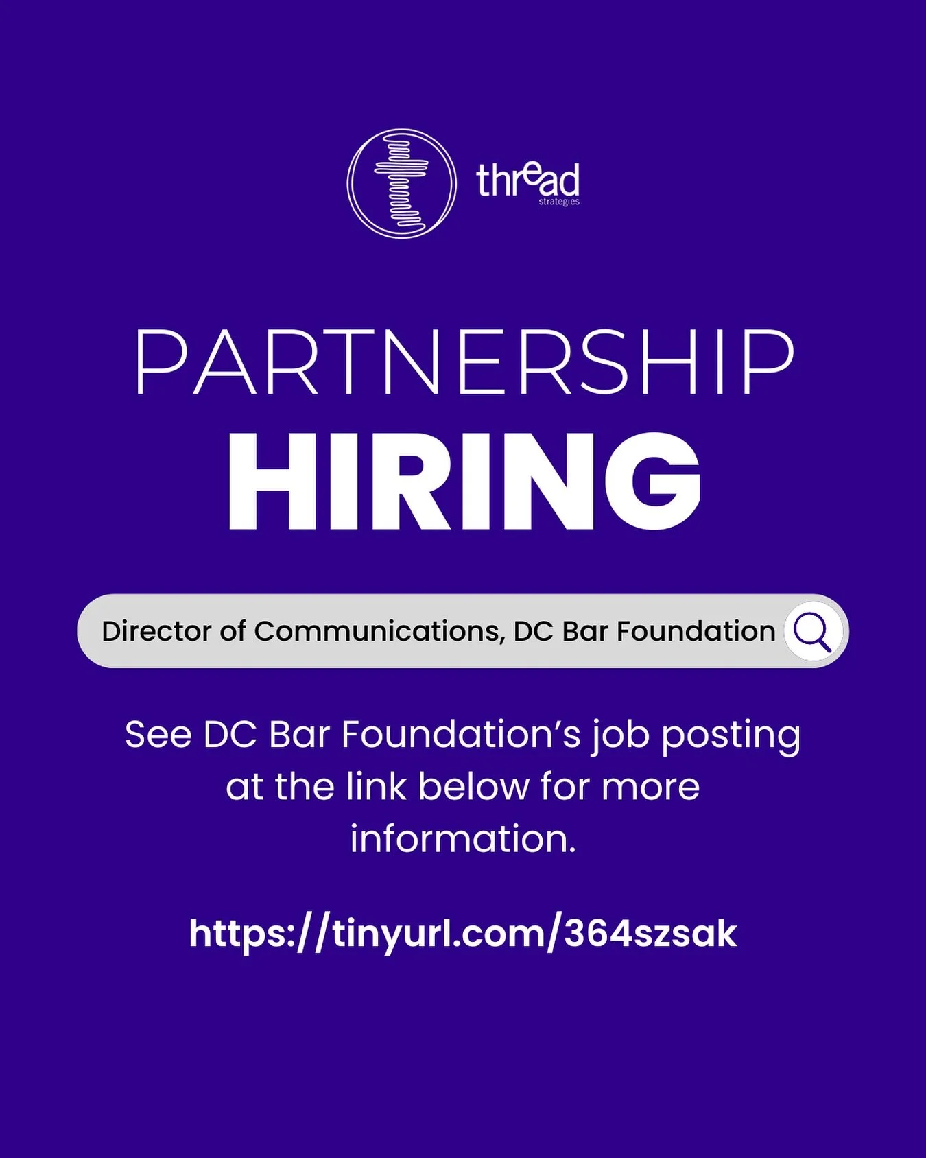 🚨 DMV Communications Professionals: The DC Bar Foundation is hiring! Thread Strategies is proud to partner once again with the DC Bar Foundation (@dcbarfoundation ) in the search for their Director of Communications.

The DC Bar Foundation is the le