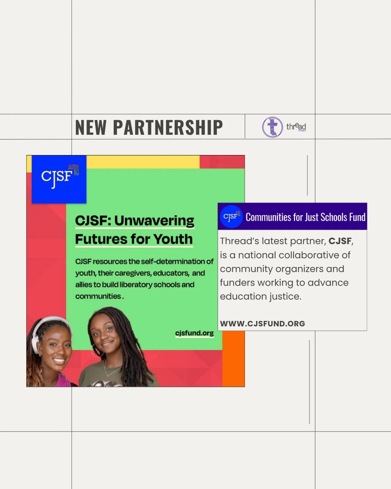 This week&rsquo;s #wordoutwednesday highlights Thread&rsquo;s latest partner, Communities for Just Schools Fund (@justschoolsfund ). CJSF is a national network of community organizers and funders dedicated to advancing education justice. They believe