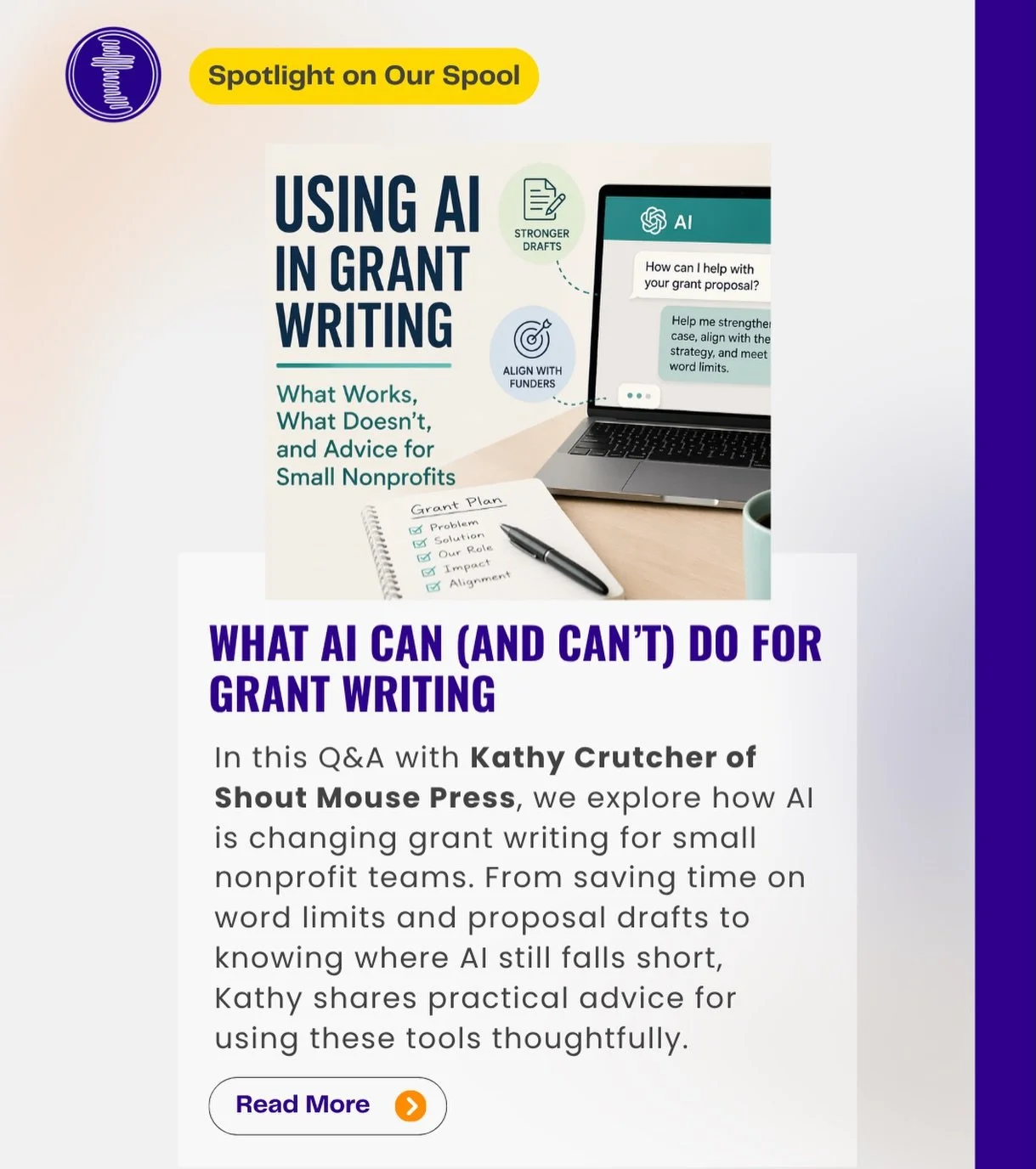 Is AI actually useful for grant writing, or just hype? 

We asked Kathy Crutcher, Founder and Executive Director of @shoutmousepress , to share what she&rsquo;s learned from using AI tools on her small nonprofit team, and her take is refreshingly hon