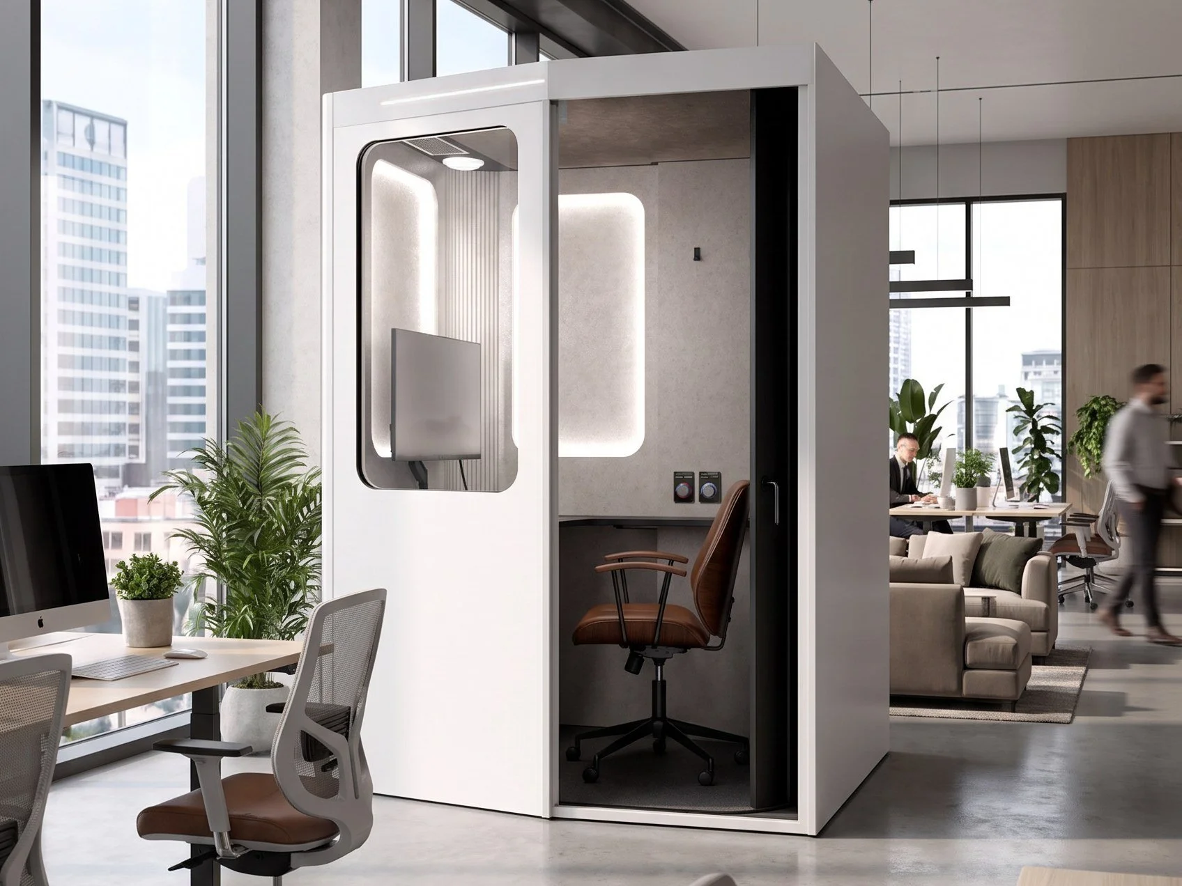 MeSpace pod in an open office by city windows