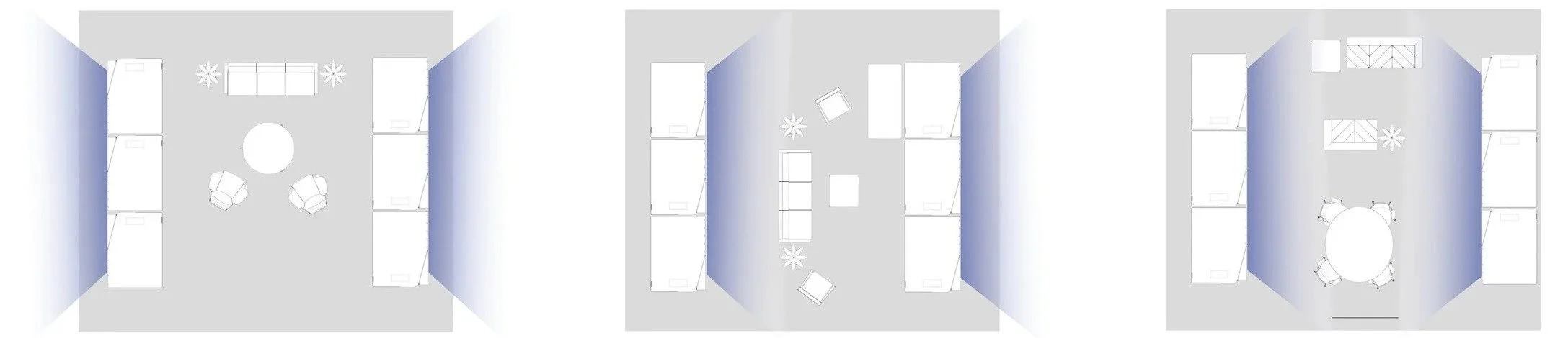 Plan diagrams of three MeSpace layouts: Hybrid, Defined, and Integrated.