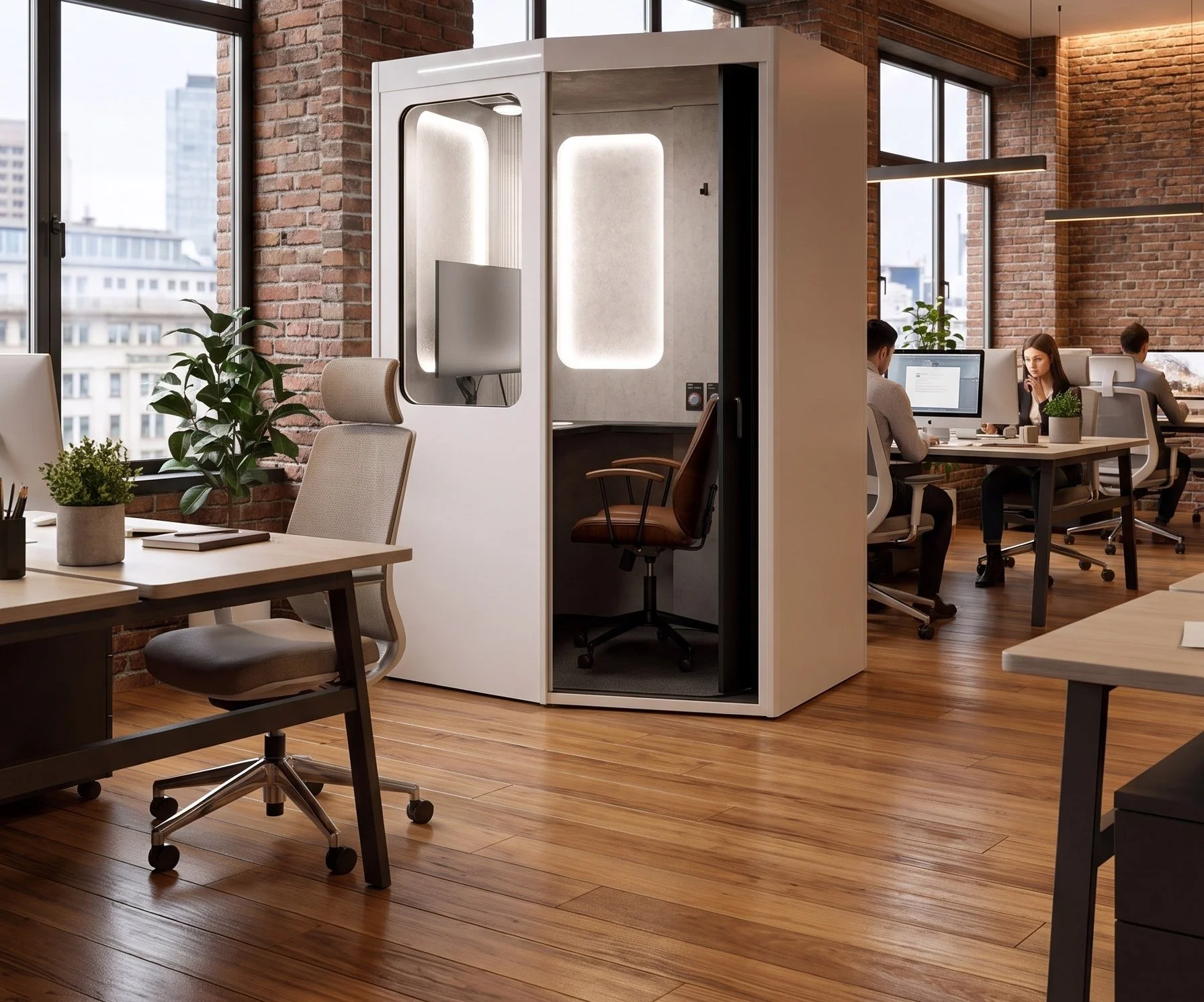 MeSpace pod in an open office with exposed brick and city windows