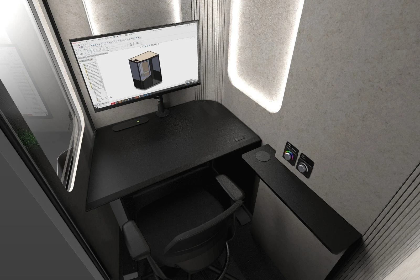 MeSpace interior with the height-adjustable desk, desk-side power outlets, and monitor.