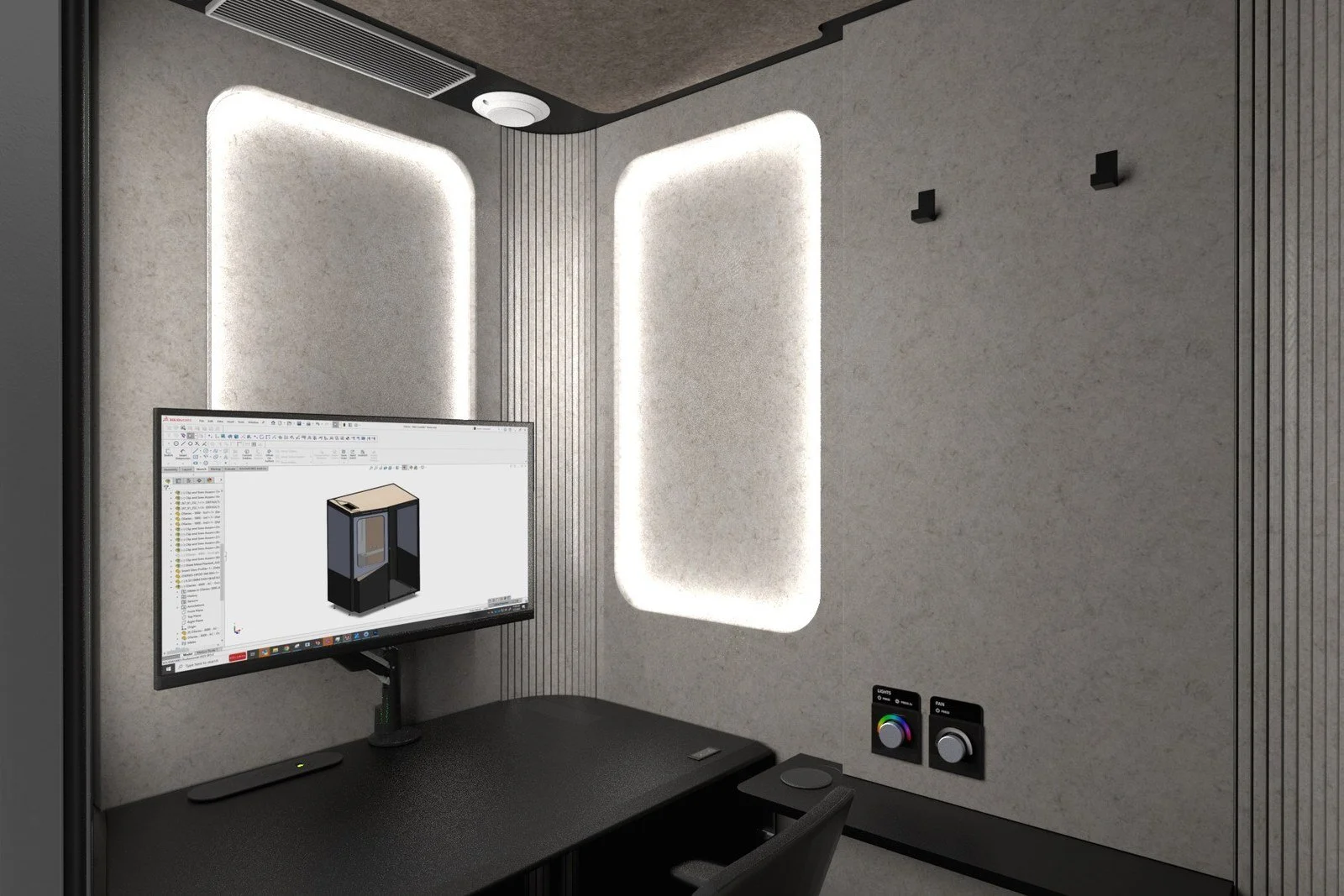Inside corner of MeSpace: ceiling vent, backlit acoustic panels, and the light and fan dials.