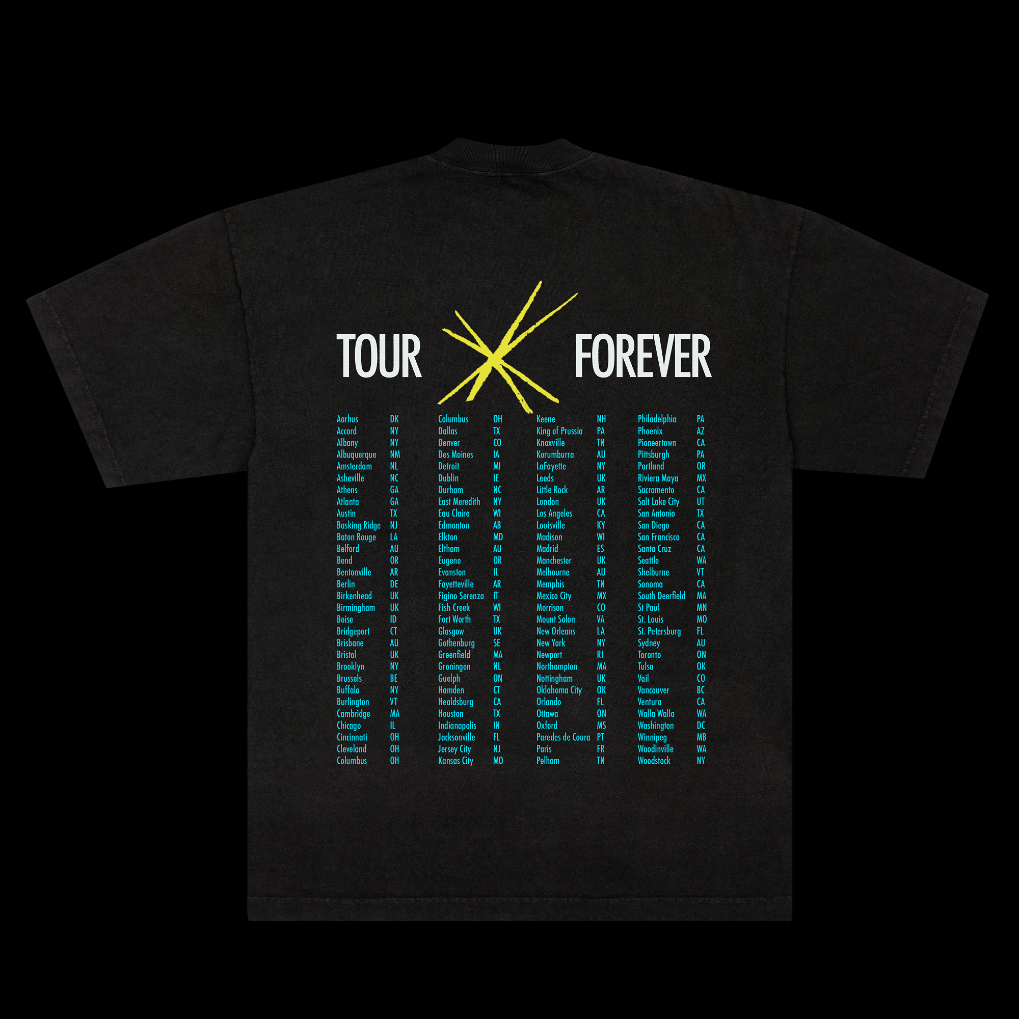 Hurray for the Riff Raff Live Album 2026 Tee: "Tour Forever" Tee Back, featuring every city the band has ever played a show in
