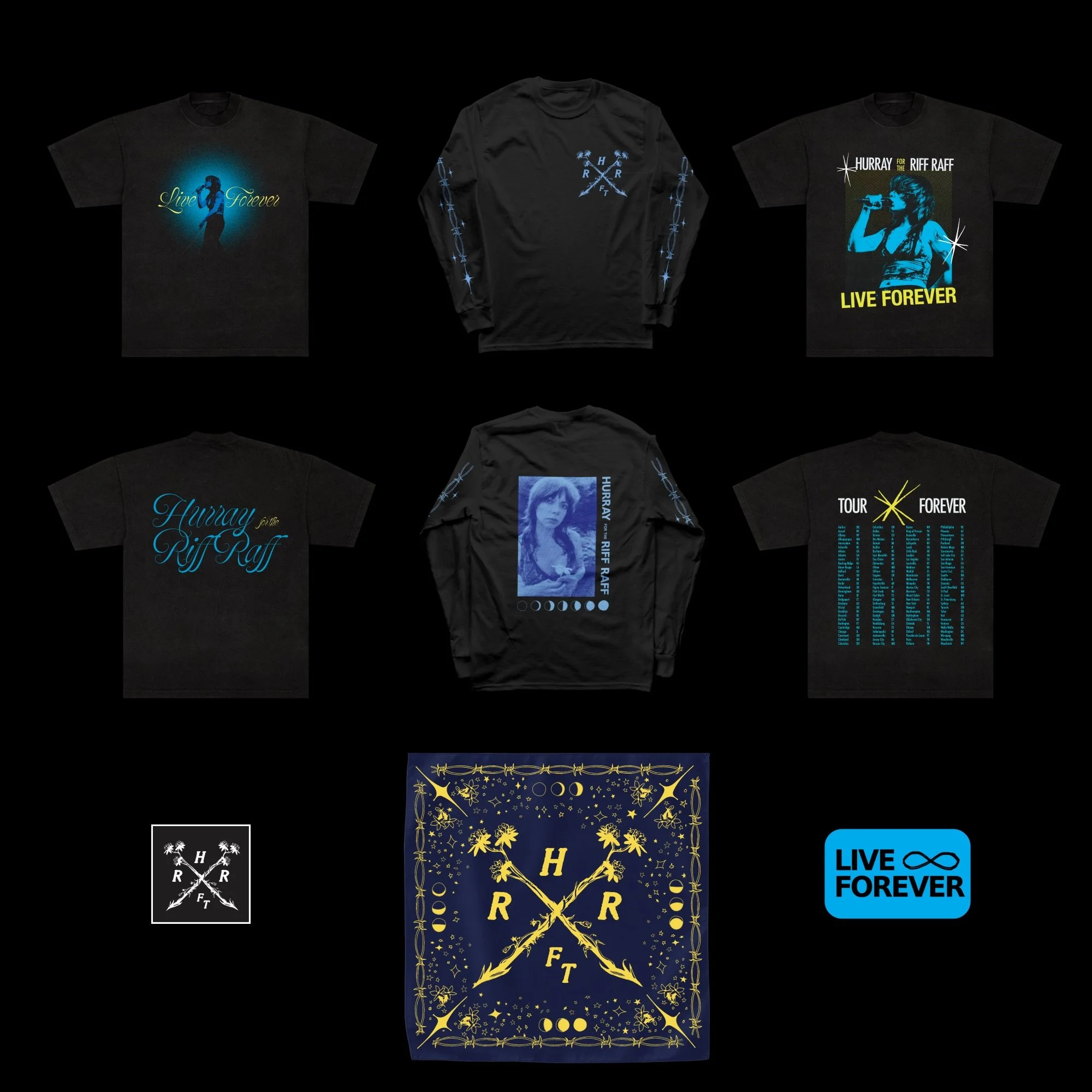 Hurray for the Riff Raff–Live Forever Merch Tour Capsule. Click through to view merch live on the artist's site.