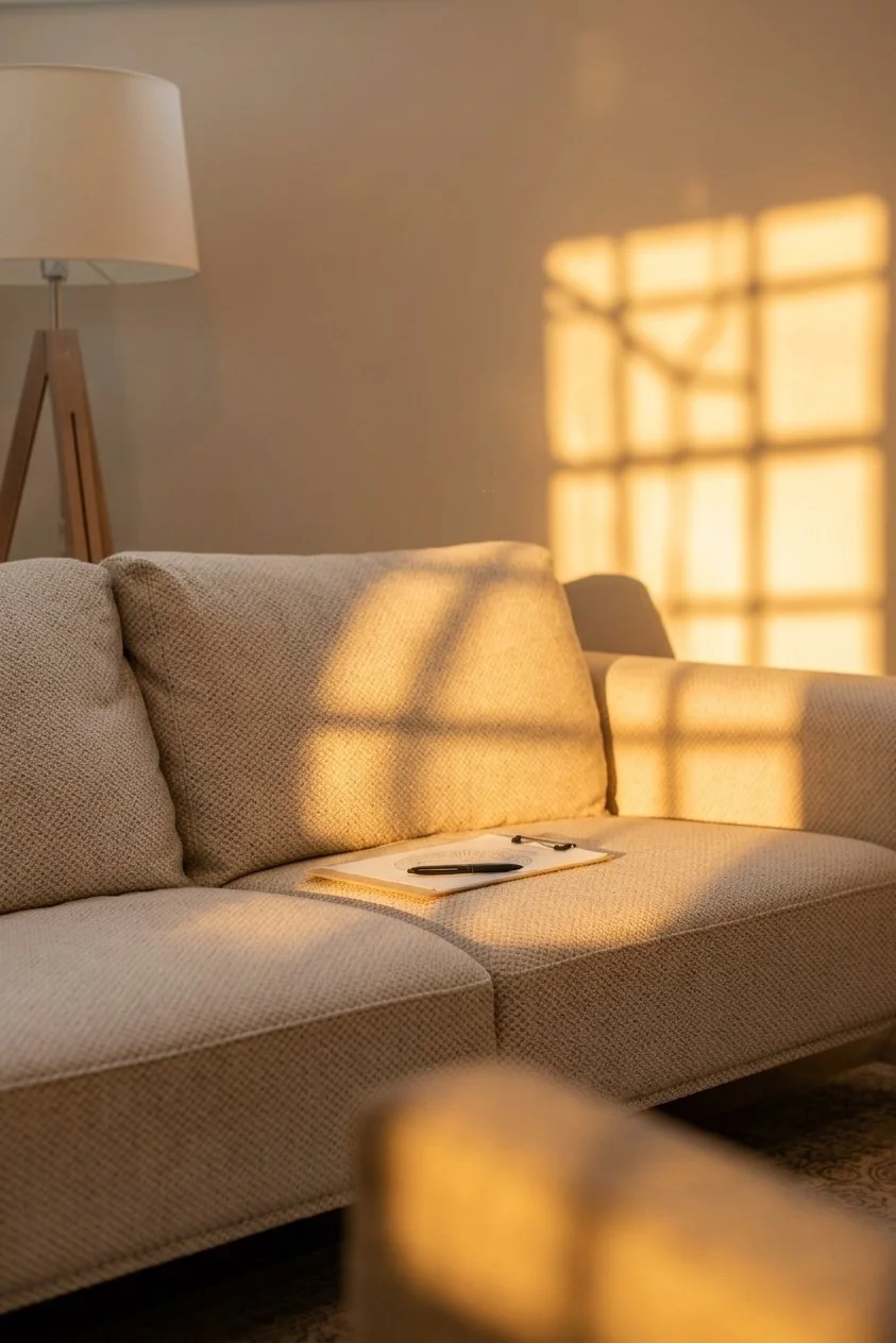 Beige couch inside therapist office with gentle sunrise