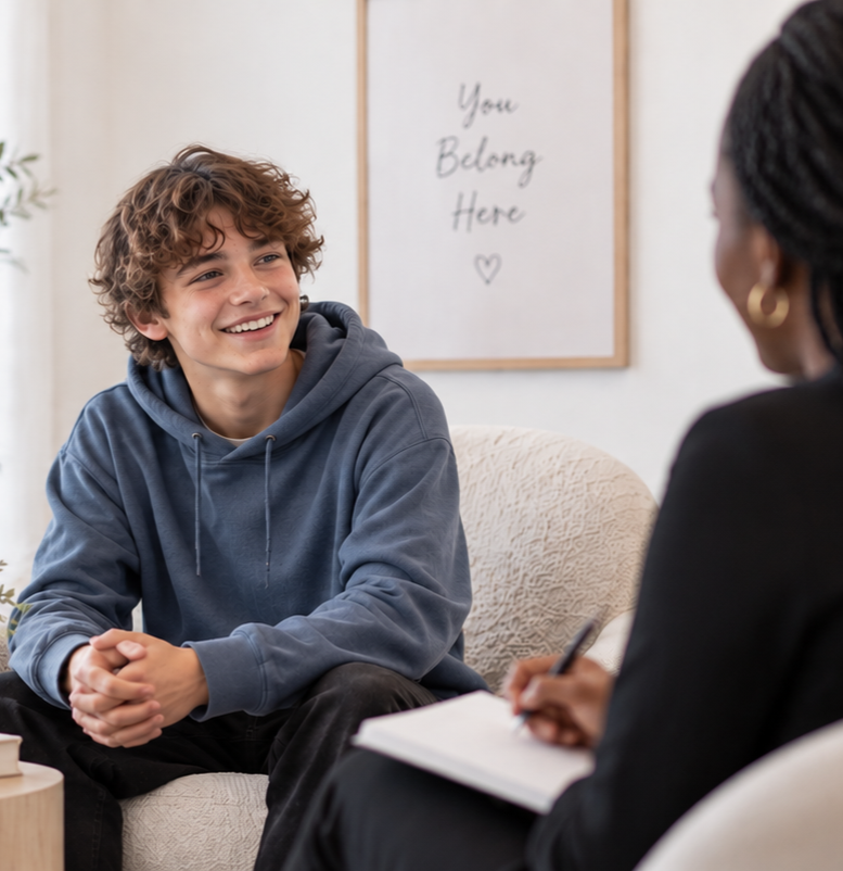 Young boy sitting on a couch during a therapy session, talking to a therapist who holds a clipboard.