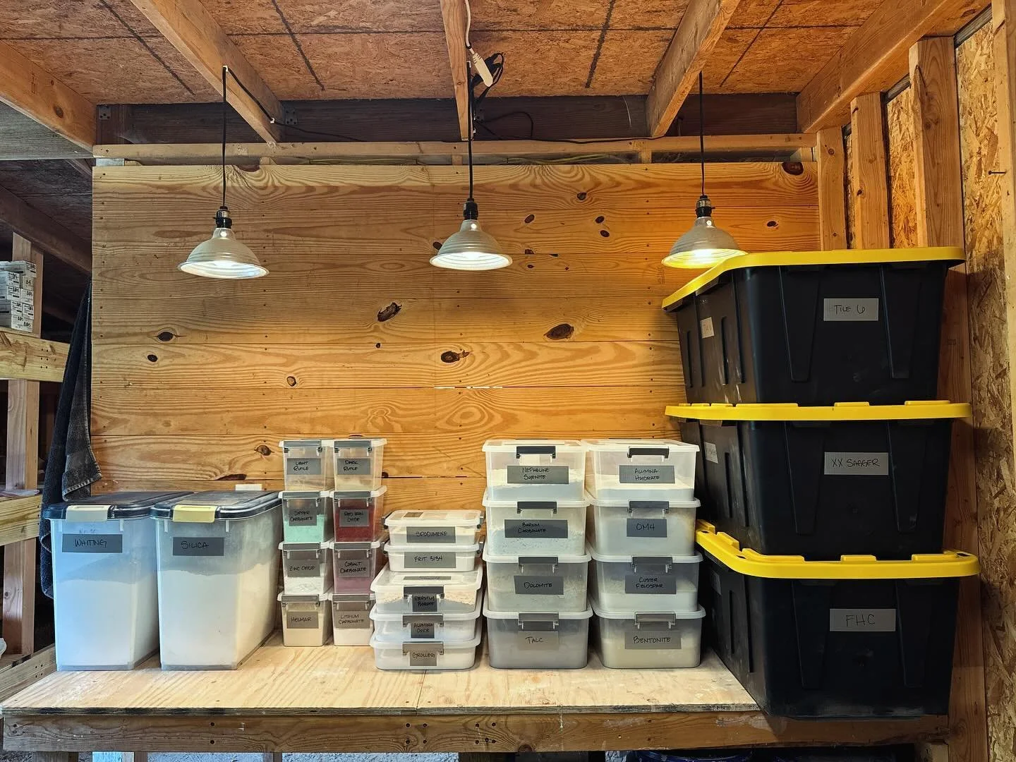 Finally have a good start on a glaze kitchen. Been working towards this for a while and I&rsquo;m ready for some testing!

Which of these discontinued materials would you snatch if you dropped by my pottery?

#pottery #potterystudio #ceramics #glazep