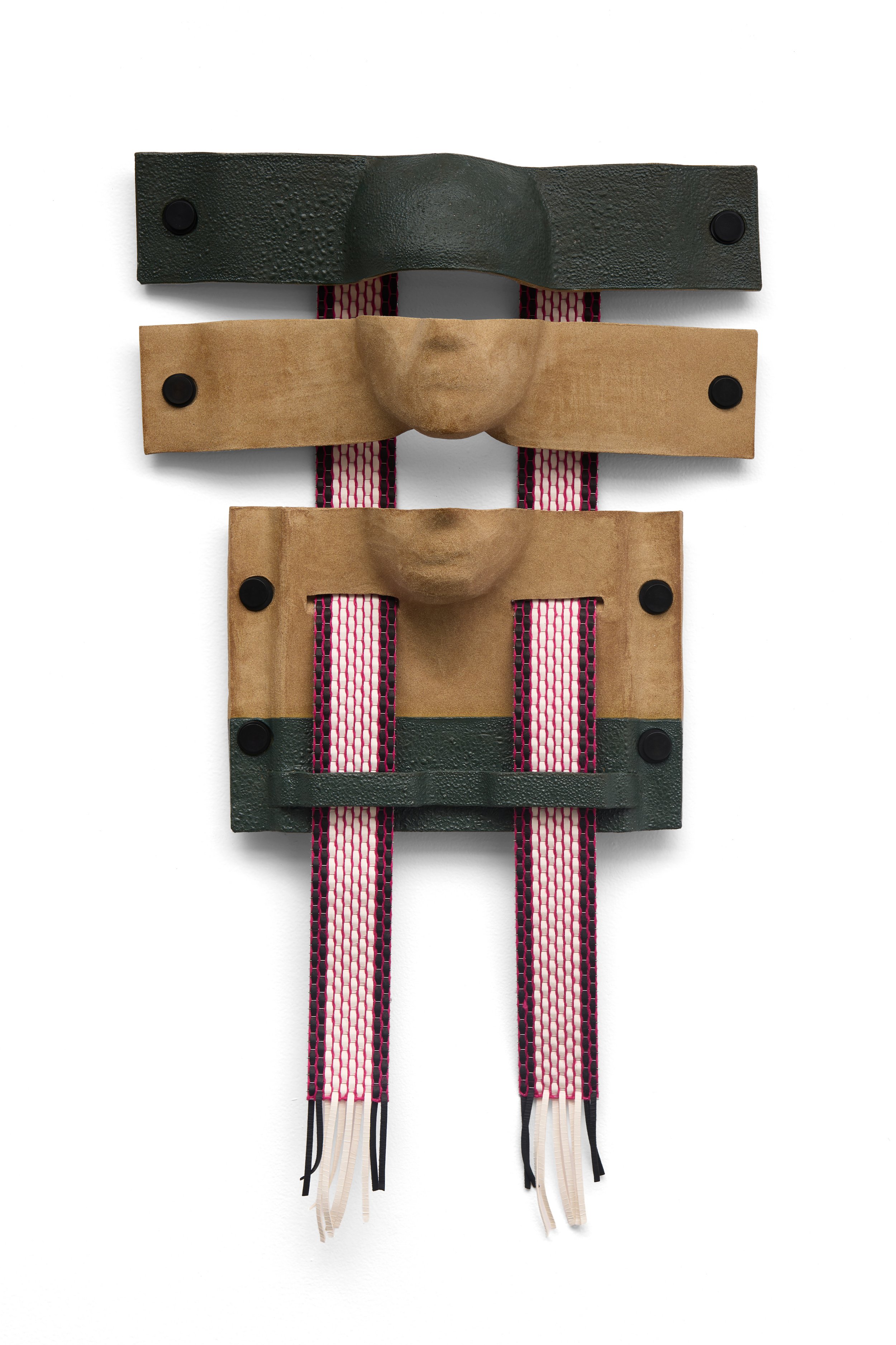 Armament VIII, 2026, glazed ceramic, leather, wool, stainless steel mesh, stainless steel hardware, rubber gaskets, 32 x 19.5 x 5 inches.