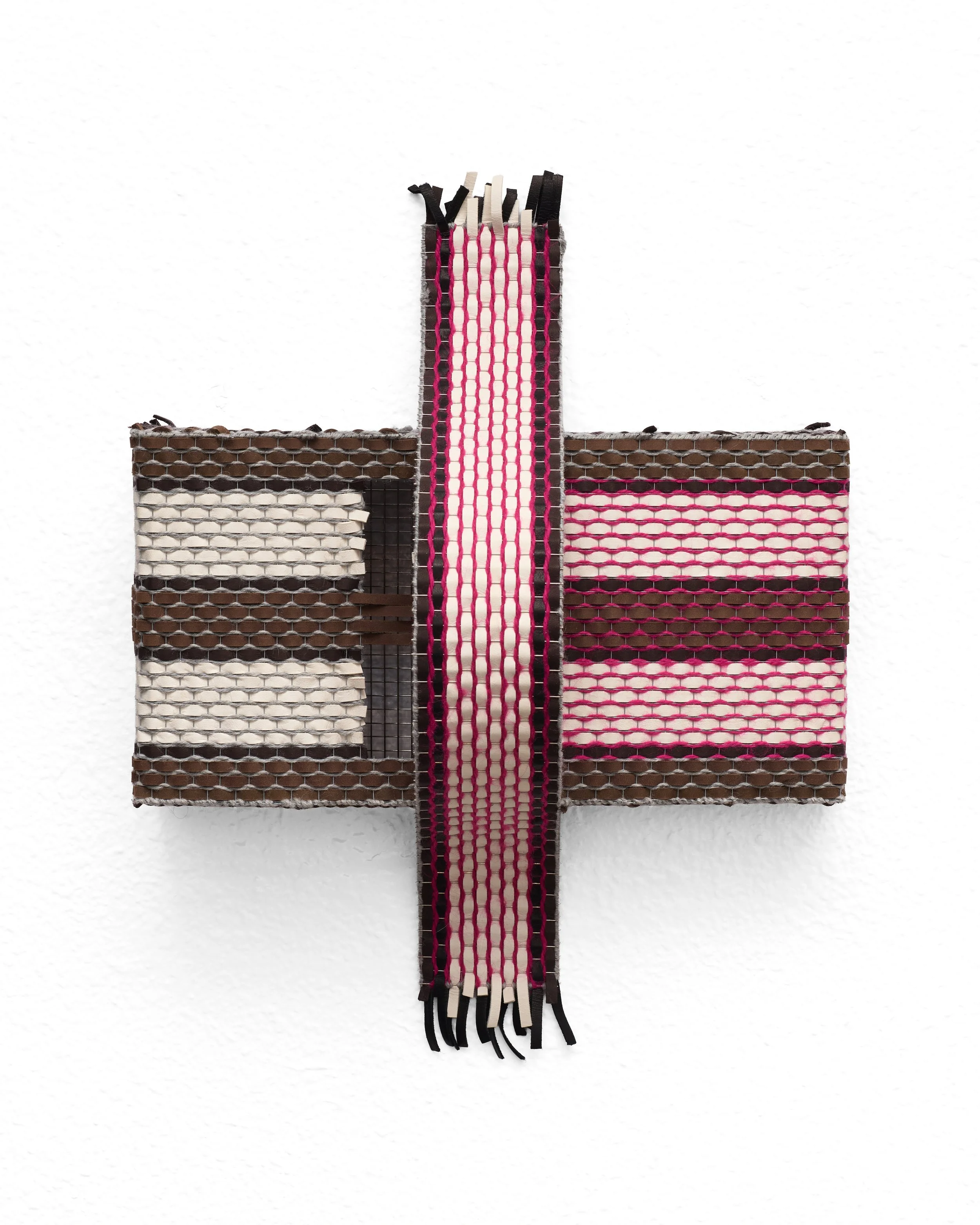 Armament VI, 2025, leather, wool, stainless steel mesh, 16 x 13 x 5.5 inches.