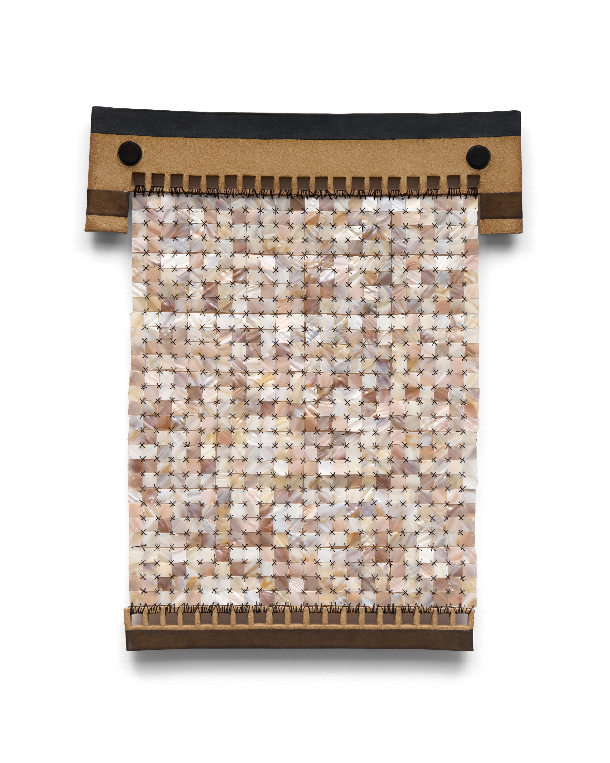 Armament XII (Mother of Pearl), 2026, glazed ceramic, mother of pearl, silk thread, stainless steel hardware, rubber gaskets, 24.5 x 19.5 x 1 inches. Special thanks to Jill Salmon for her fabrication skill and patience. 