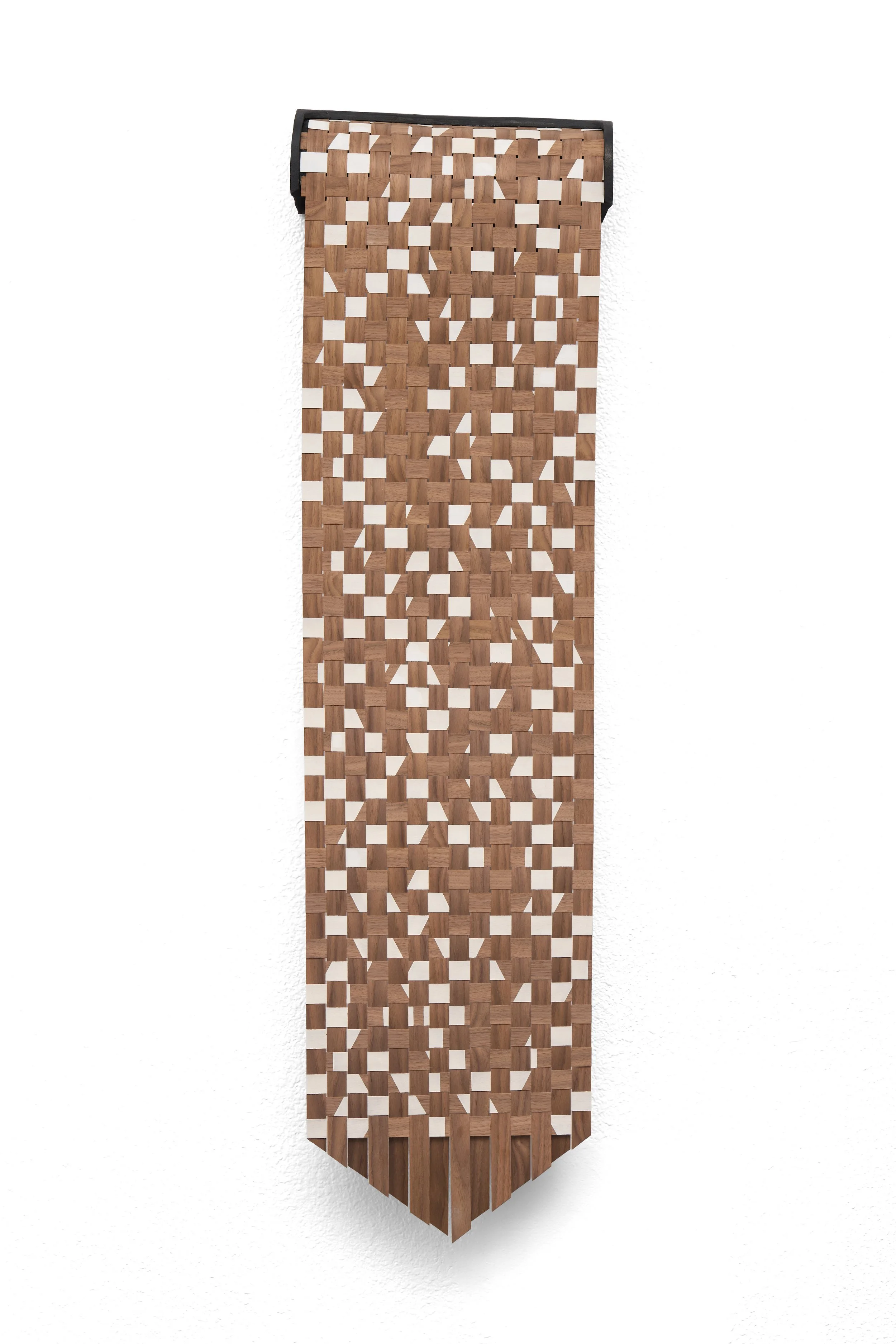 Armament V, 2026, glazed ceramic, walnut veneer, vinyl emulsion paint, 55 x 15.5 x 4 inches. 