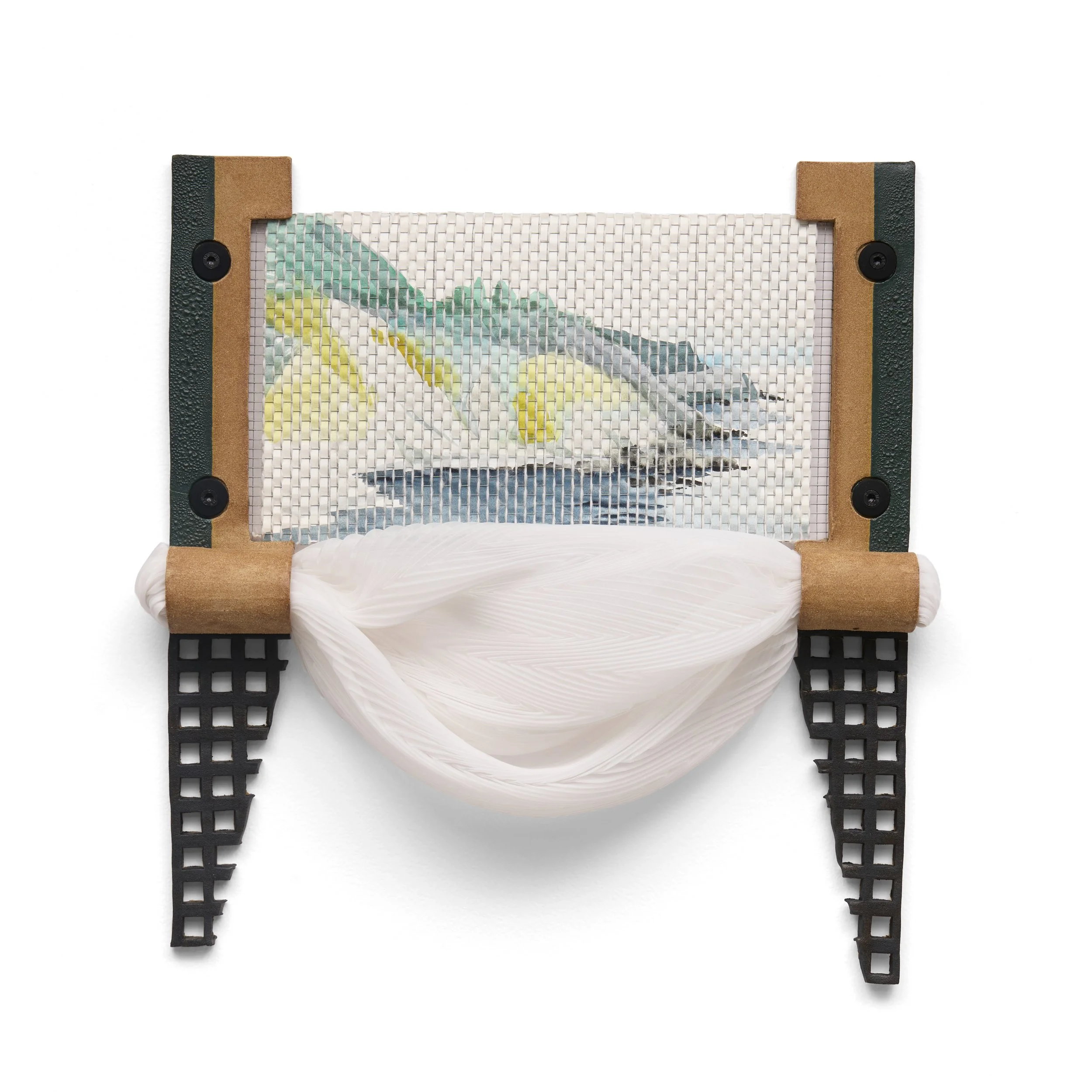 Armament III (Big Sur), 2026, glazed ceramic, silk organza, stainless steel mesh, watercolor on paper, mohair wool, silicone grommets, 21 x 19.75 x 5 inches. 