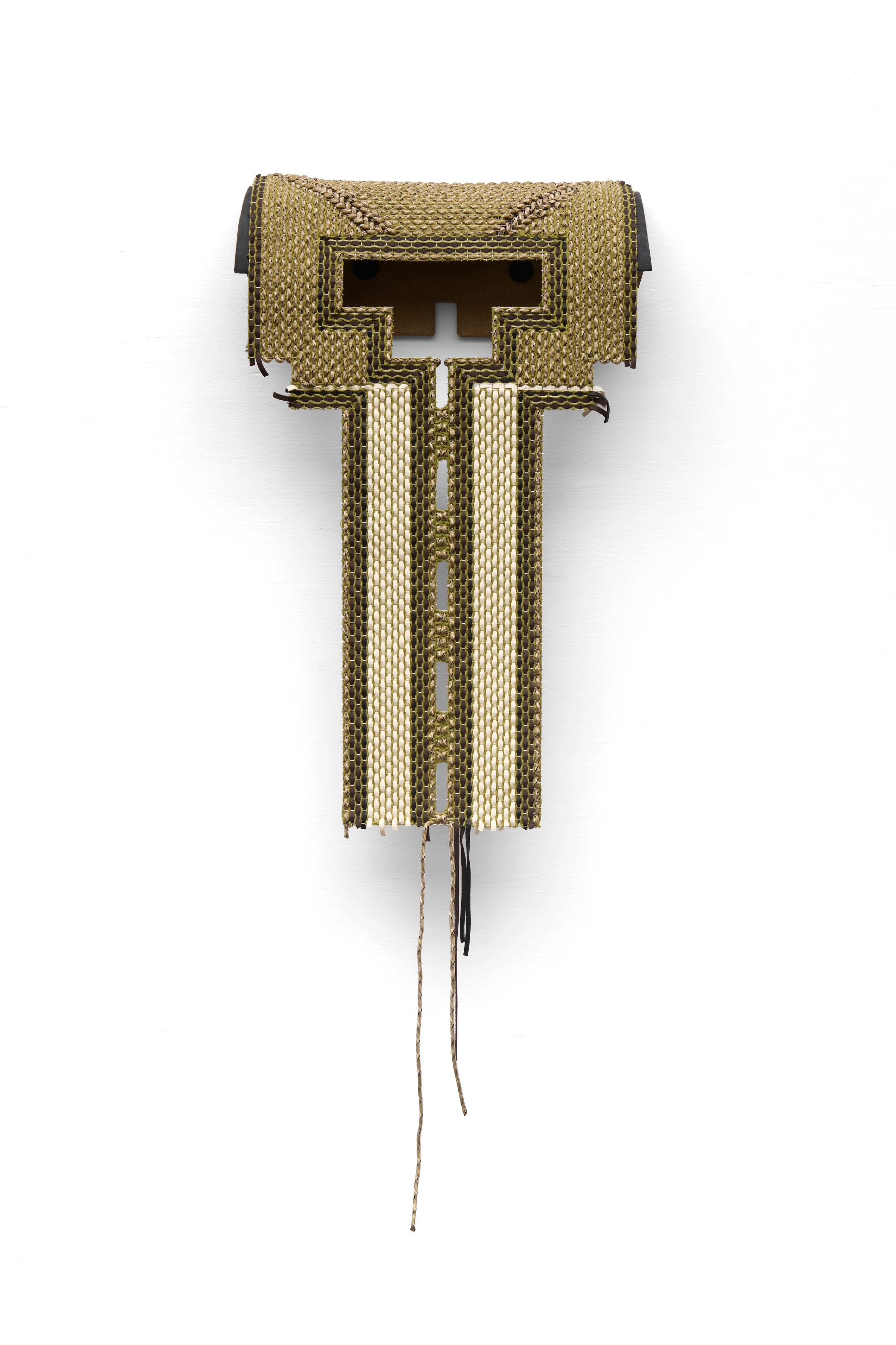 Armament X, 2026, glazed ceramic, leather, wool, paracord, stainless steel mesh, silicone grommets, 27 x 16.75 x 4 inches. 