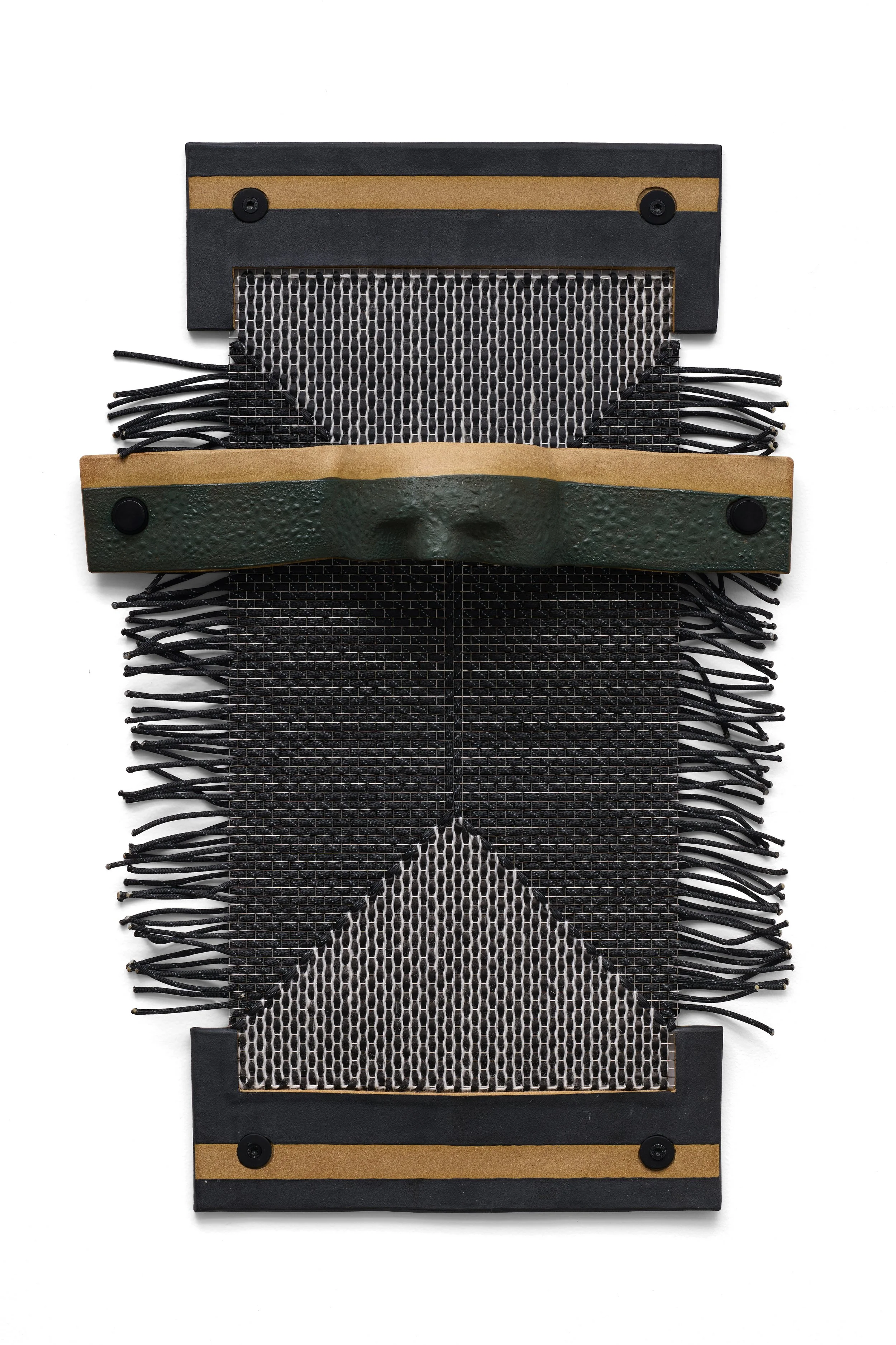 Armament VII, 2025, glazed ceramic, paracord, stainless steel mesh, stainless steel hardware, rubber gaskets, 31 x 20.5 x 4.5 inches. 