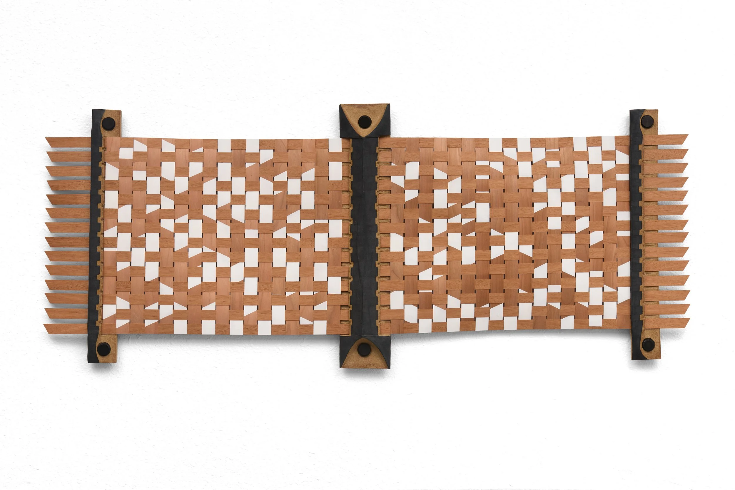 Armament IV (Red Tail), 2026, glazed ceramic, cherry veneer, vinyl emulsion paint, stainless steel hardware, rubber gaskets, 21 x 51.5 x 2.5 inches. 