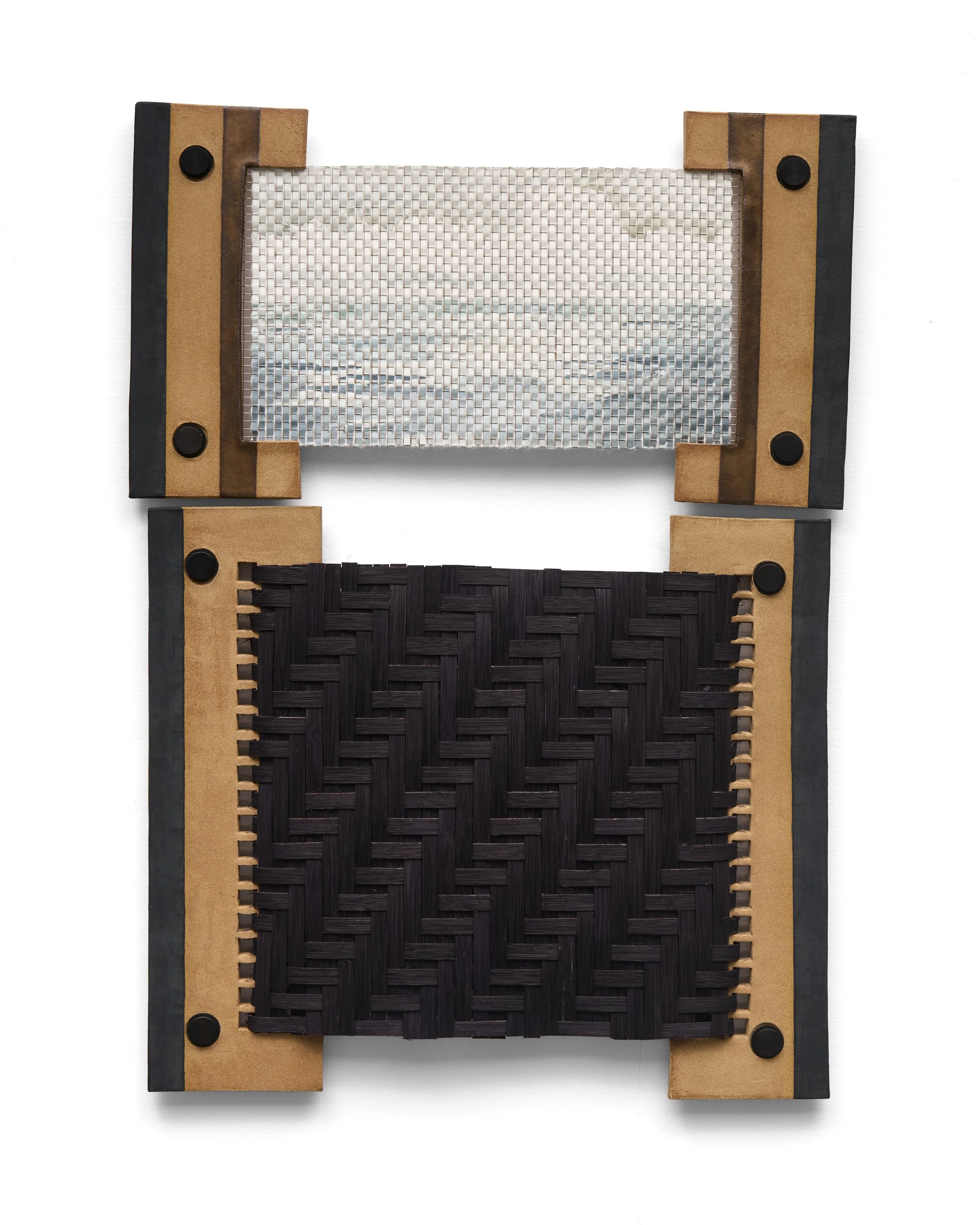 Armament XI (Big Sur), 2026, glazed ceramic, dyed rattan, stainless steel mesh, watercolor on paper, mohair wool, stainless steel hardware, rubber gaskets, 31 x 21.5 x 1.5 inches. 