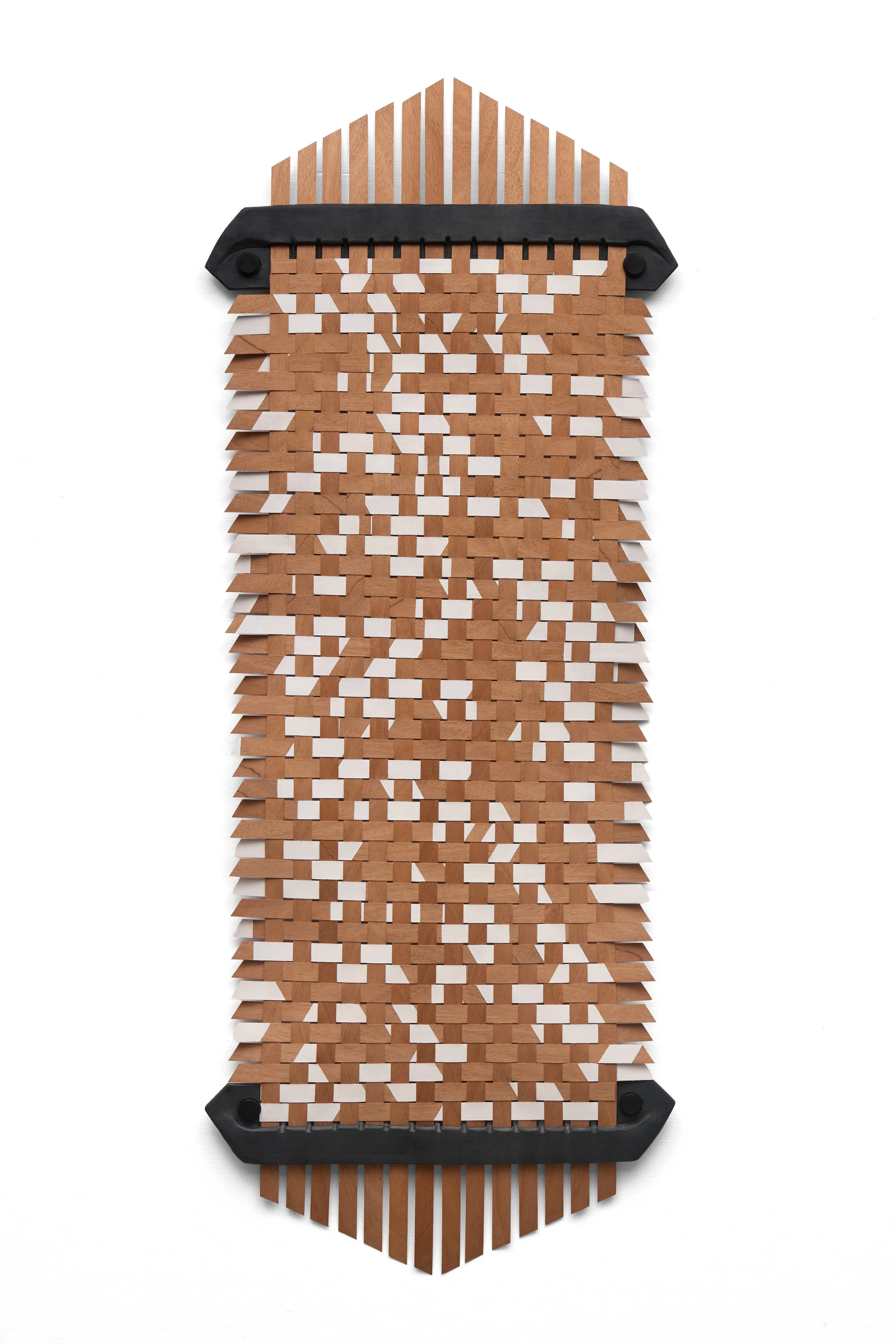 Armament I, 2025, glazed ceramic, cherry veneer, vinyl emulsion paint, stainless steel hardware, rubber gaskets, 53.25 x 21 x 1.25 inches. 